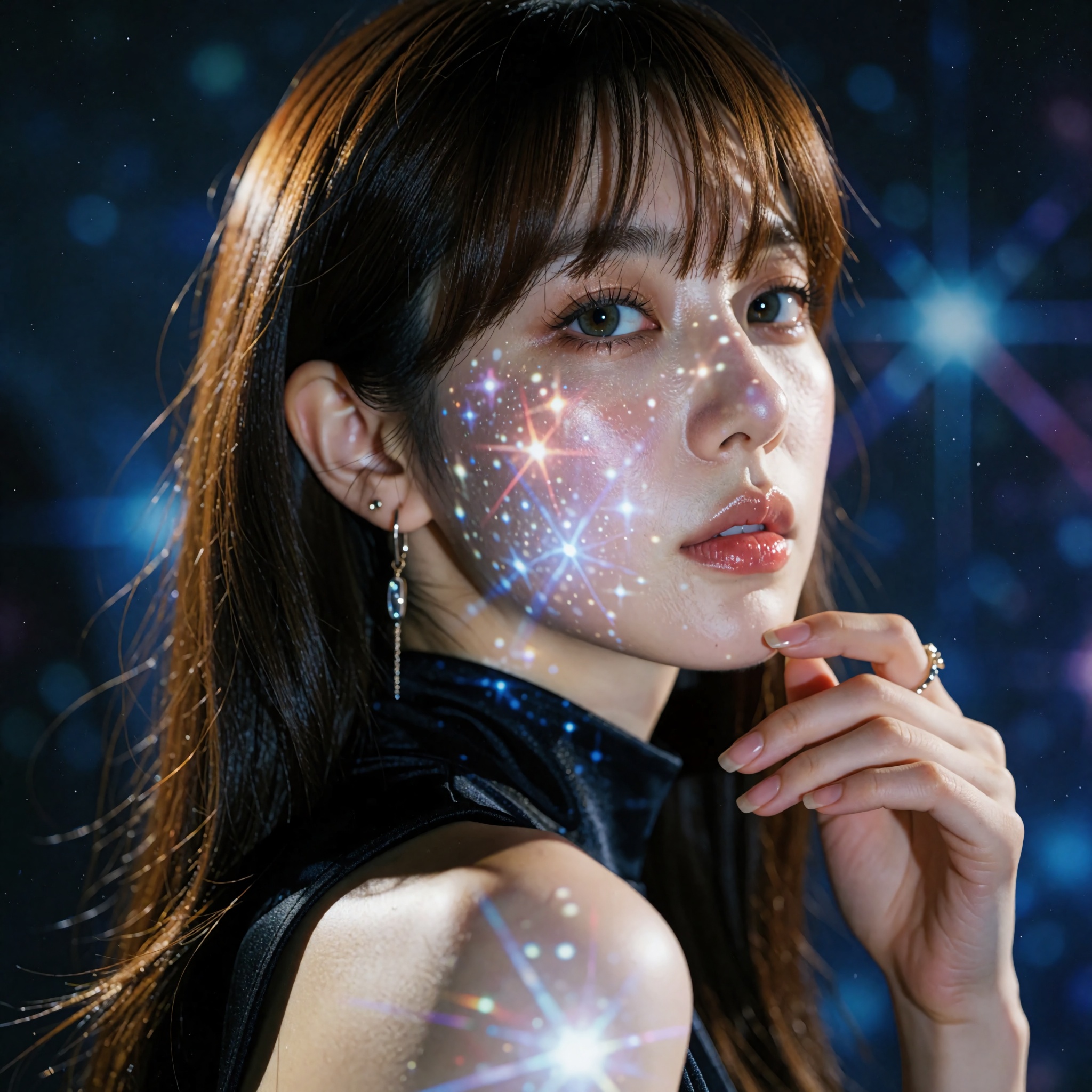 A cinematic,  high-fashion editorial portrait of a woman with long,  straight brown hair and bangs on Tensor.Art