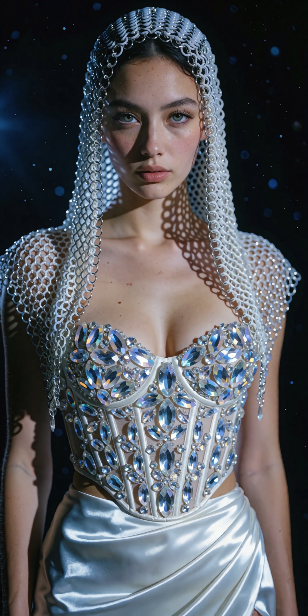 A cinematic,  high-fashion editorial portrait of a woman standing against a deep black cosmic background scattered with fa...