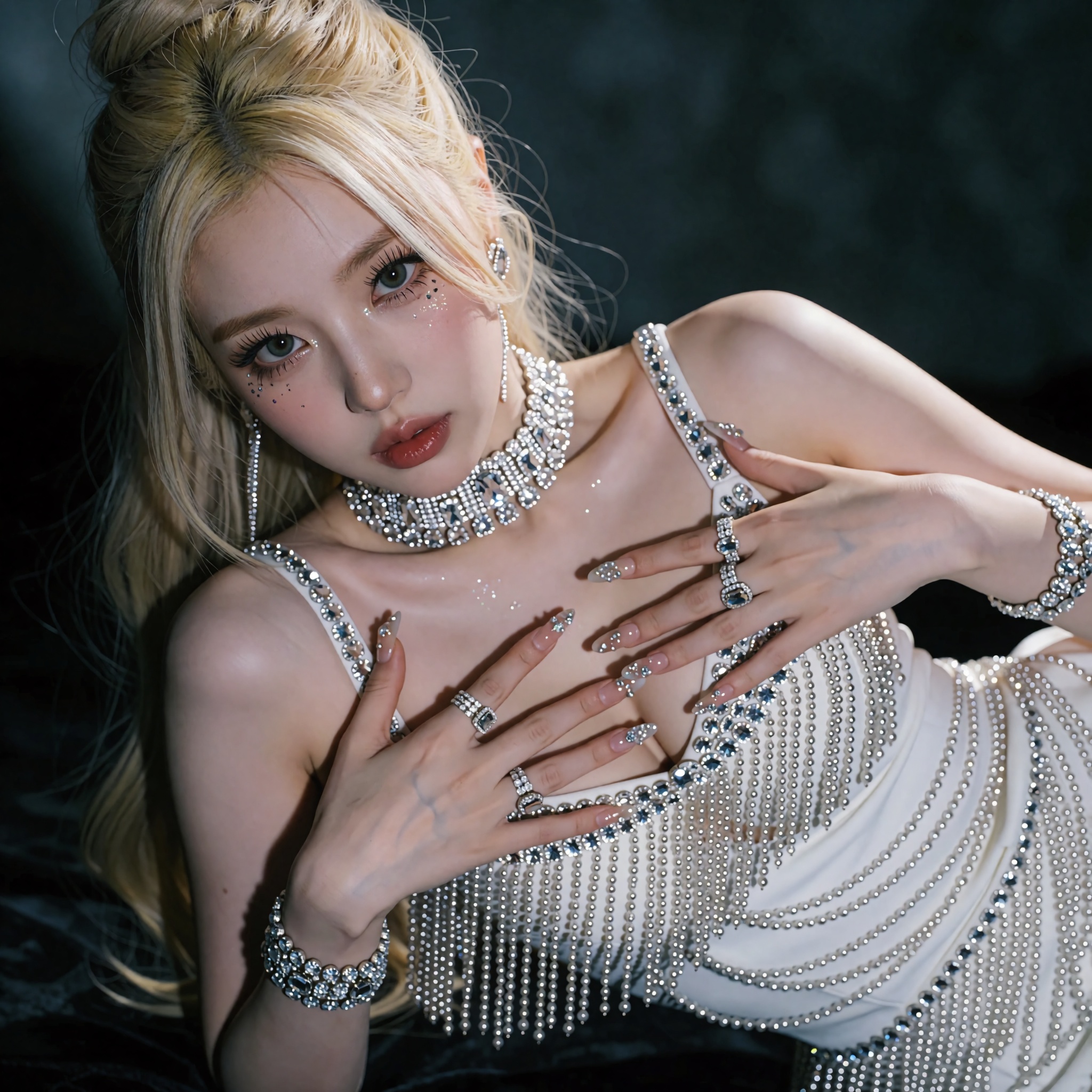 A close-up,  high-fashion editorial portrait of a woman with long blonde hair styled in a chic half-updo with face-framing...