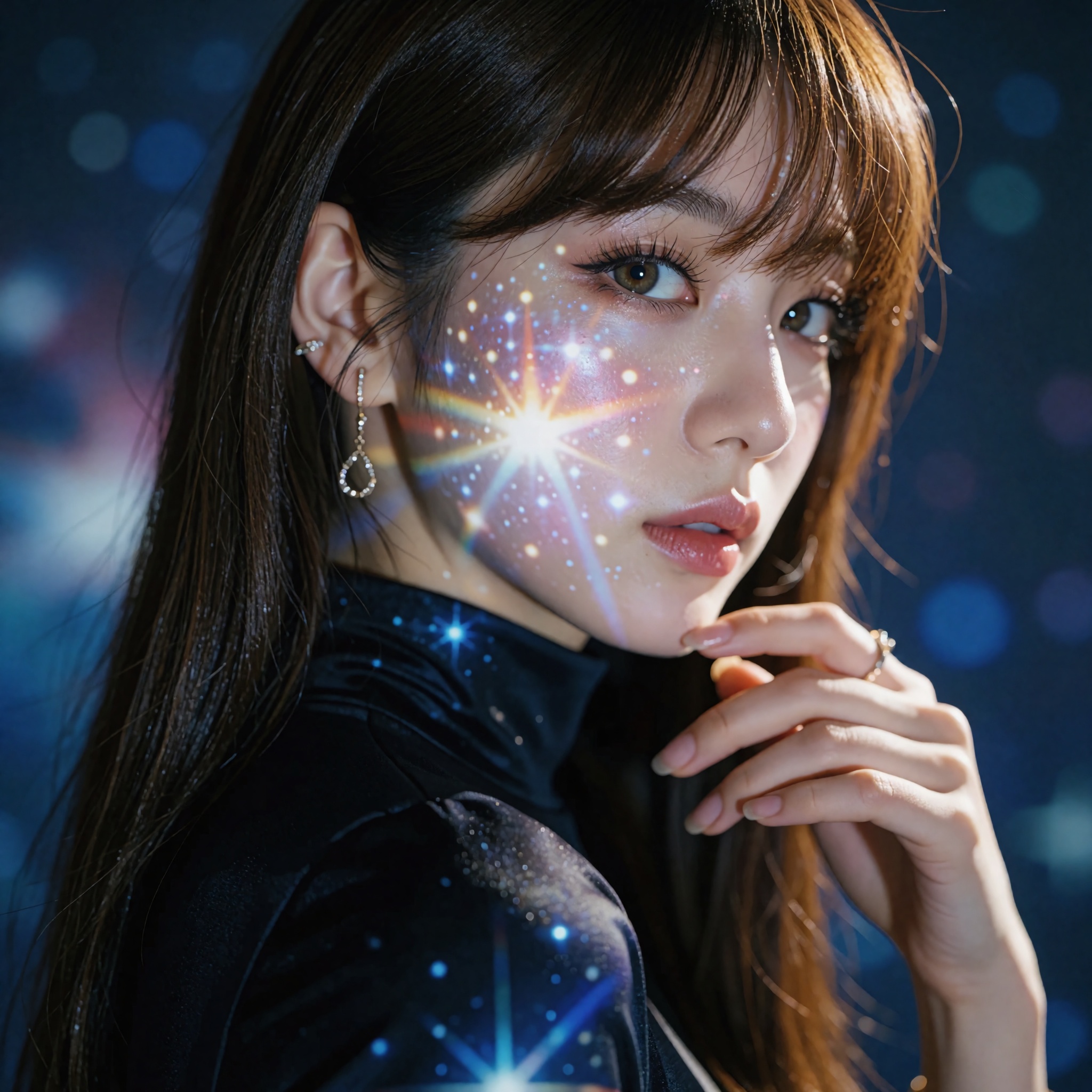 A cinematic,  high-fashion editorial portrait of a woman with long,  straight brown hair and bangs on Tensor.Art