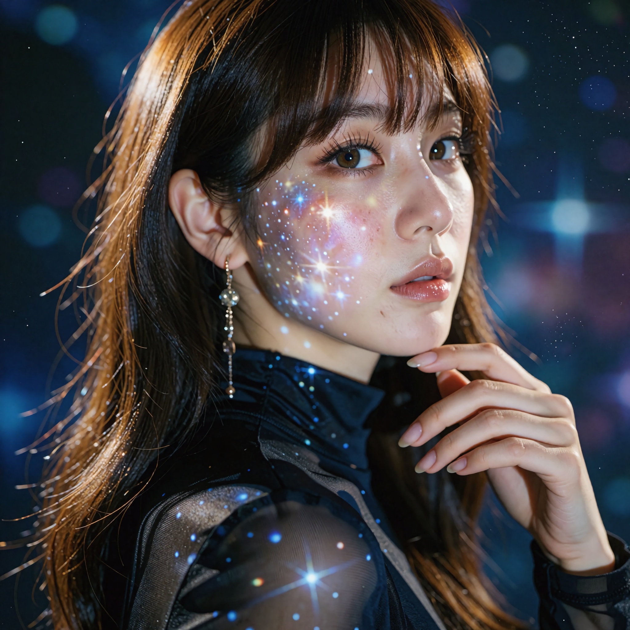 A cinematic,  high-fashion editorial portrait of a woman with long,  straight brown hair and bangs on Tensor.Art