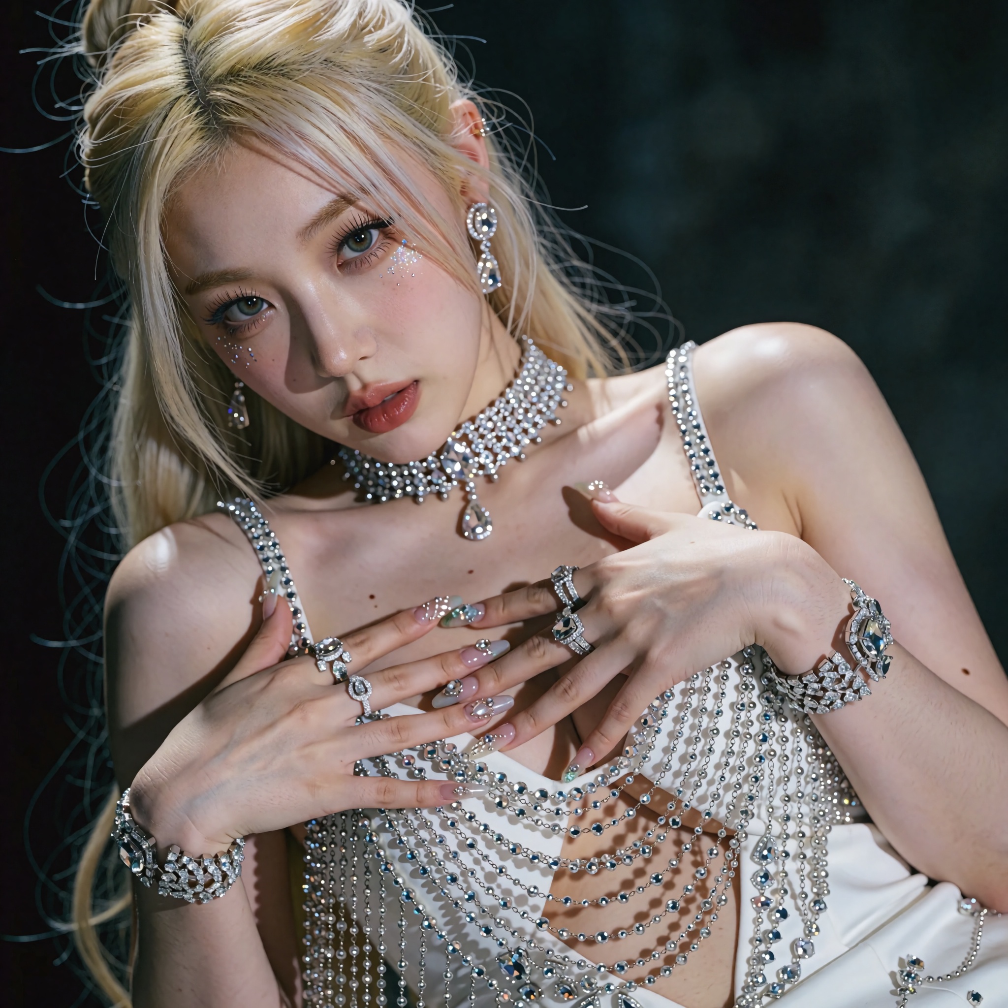 A close-up,  high-fashion editorial portrait of a woman with long blonde hair styled in a chic half-updo with face-framing...