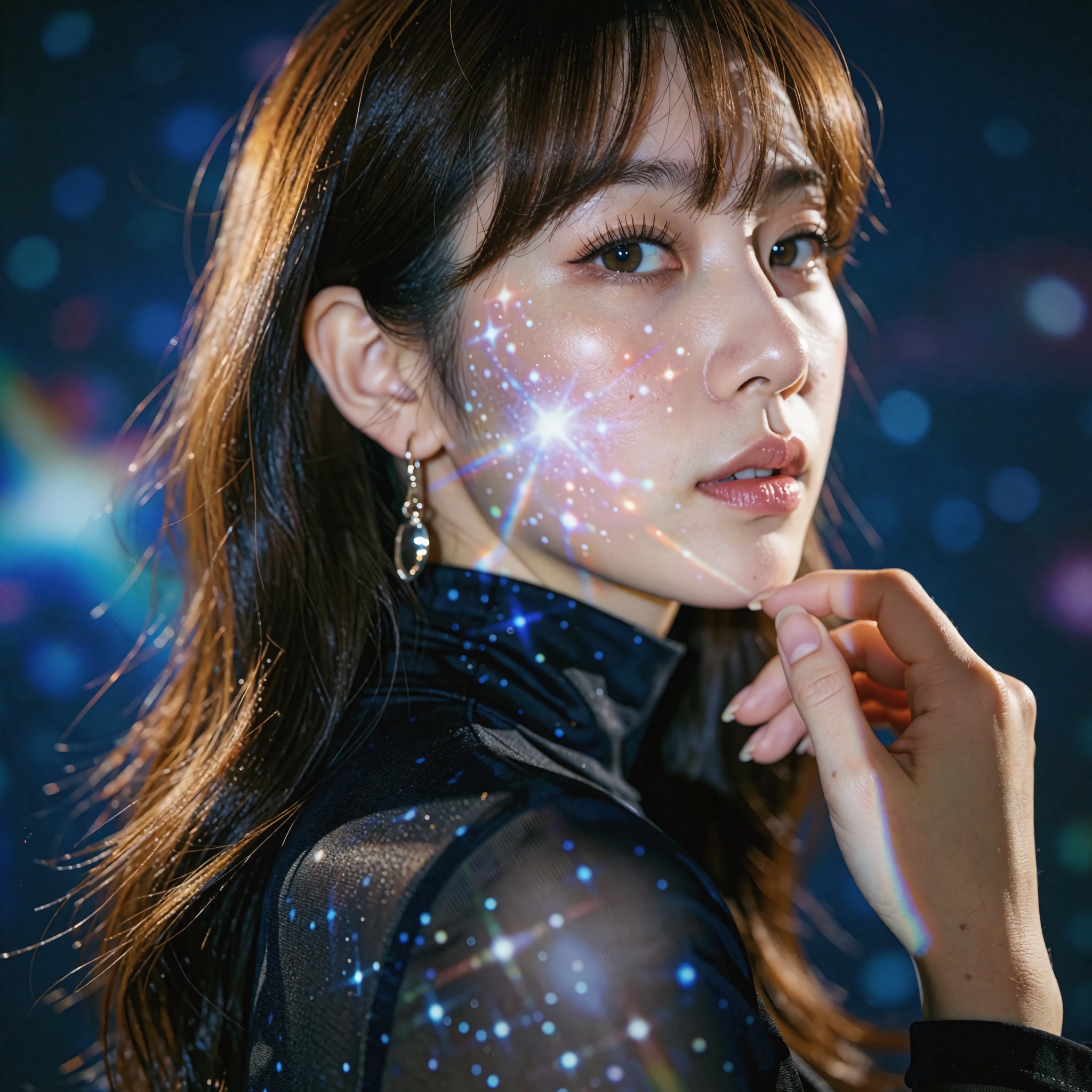 A cinematic,  high-fashion editorial portrait of a woman with long,  straight brown hair and bangs on Tensor.Art
