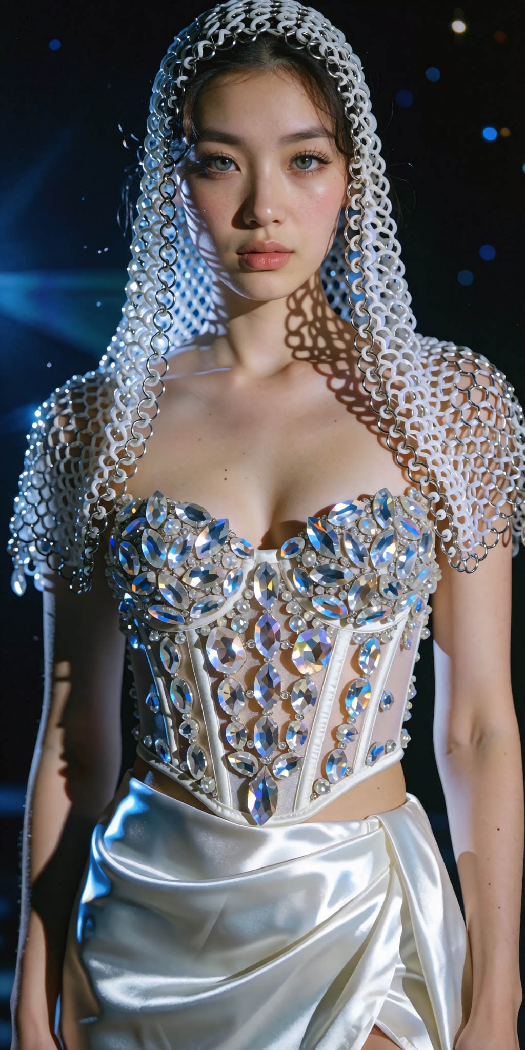 A cinematic,  high-fashion editorial portrait of a woman standing against a deep black cosmic background scattered with fa...