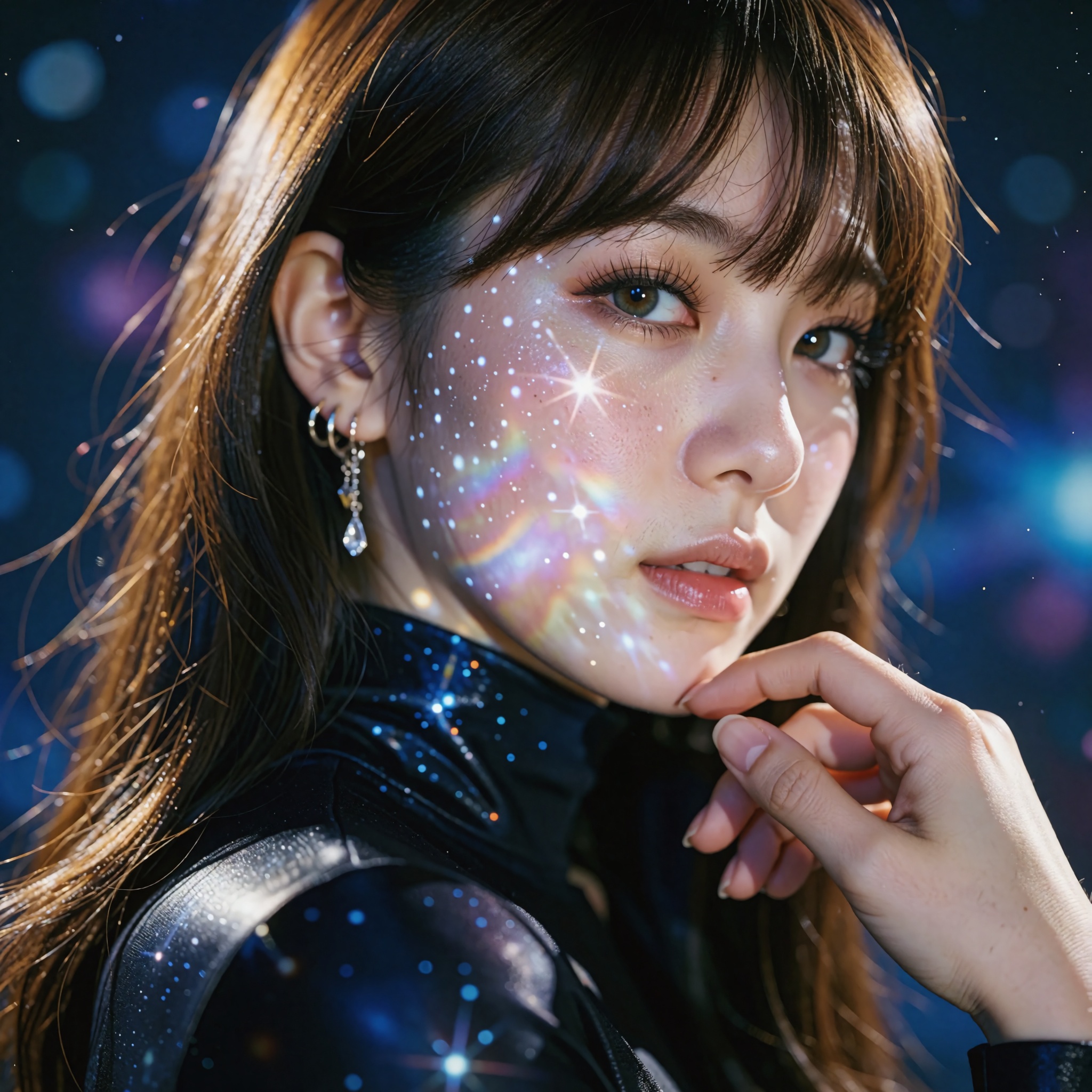 A cinematic,  high-fashion editorial portrait of a woman with long,  straight brown hair and bangs on Tensor.Art