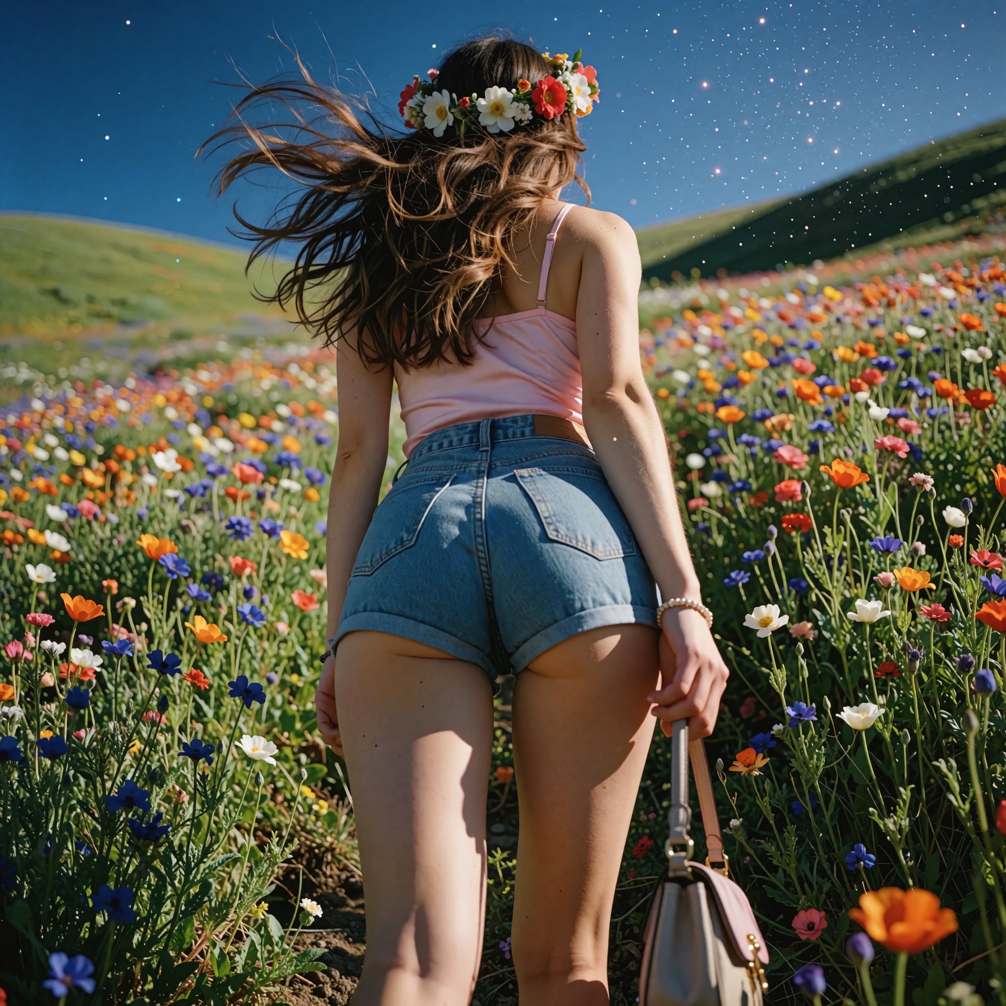 Realistic photograph captured on Kodak Ektar 100 film,  from an extreme low-angle perspective just above a slightly tilted...