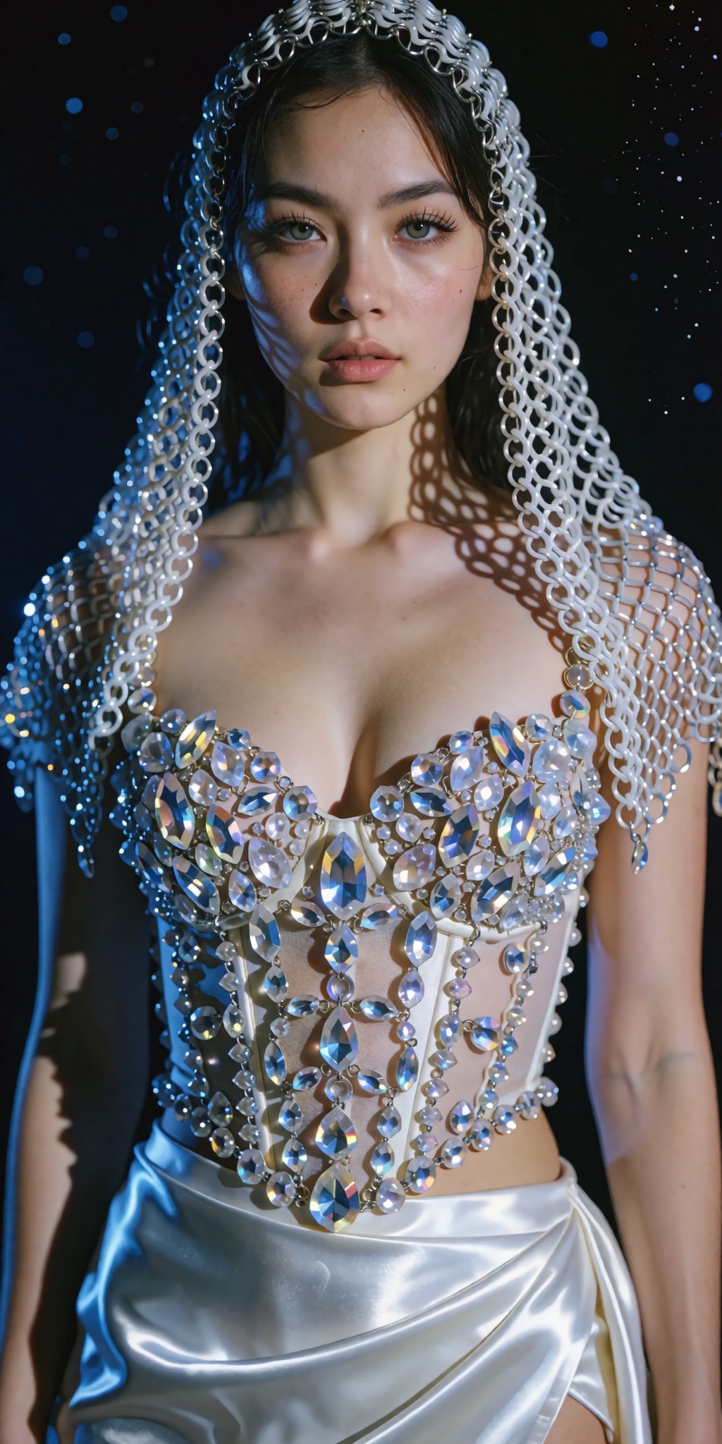 A cinematic,  high-fashion editorial portrait of a woman standing against a deep black cosmic background scattered with fa...