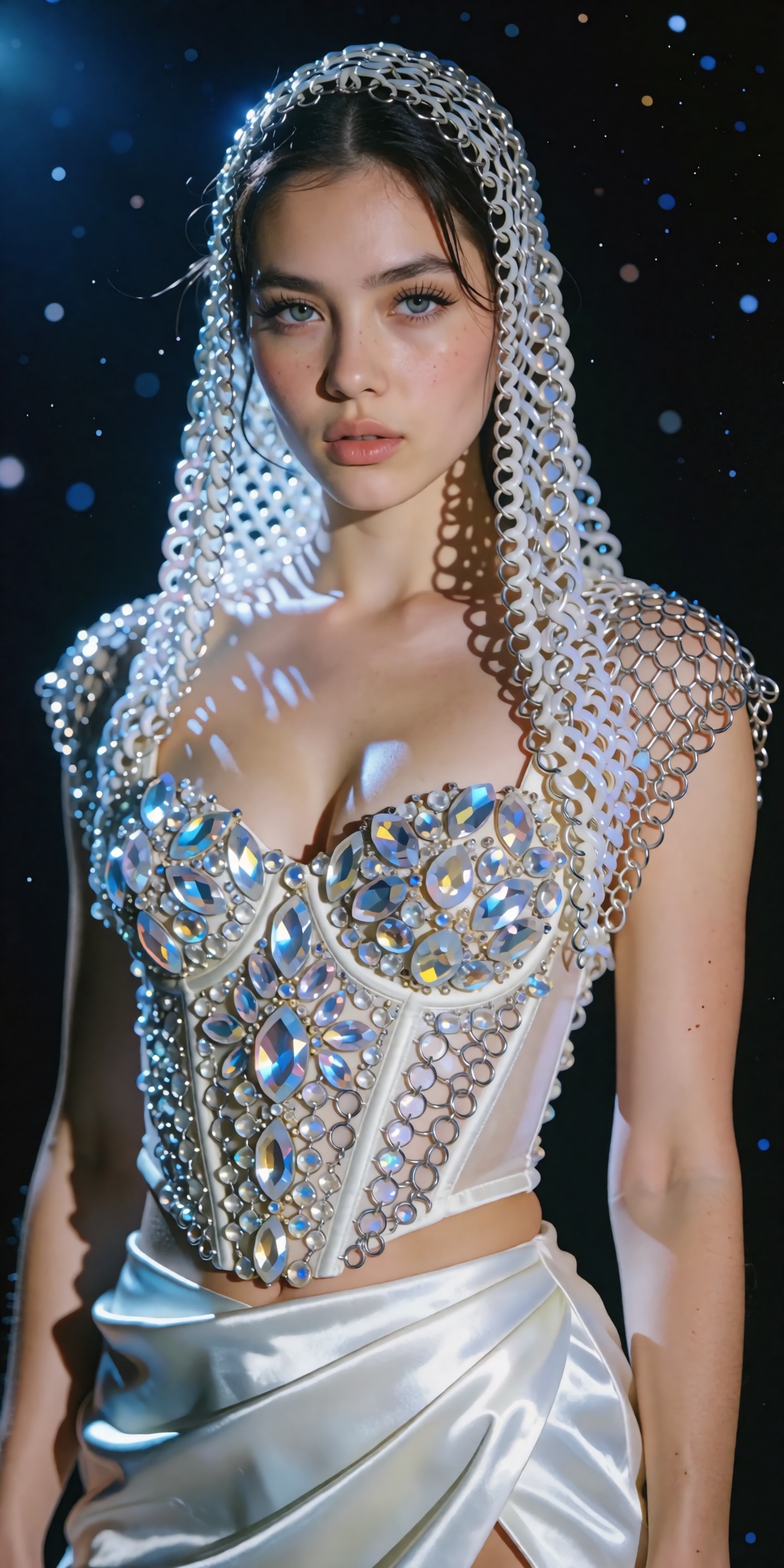 A cinematic,  high-fashion editorial portrait of a woman standing against a deep black cosmic background scattered with fa...