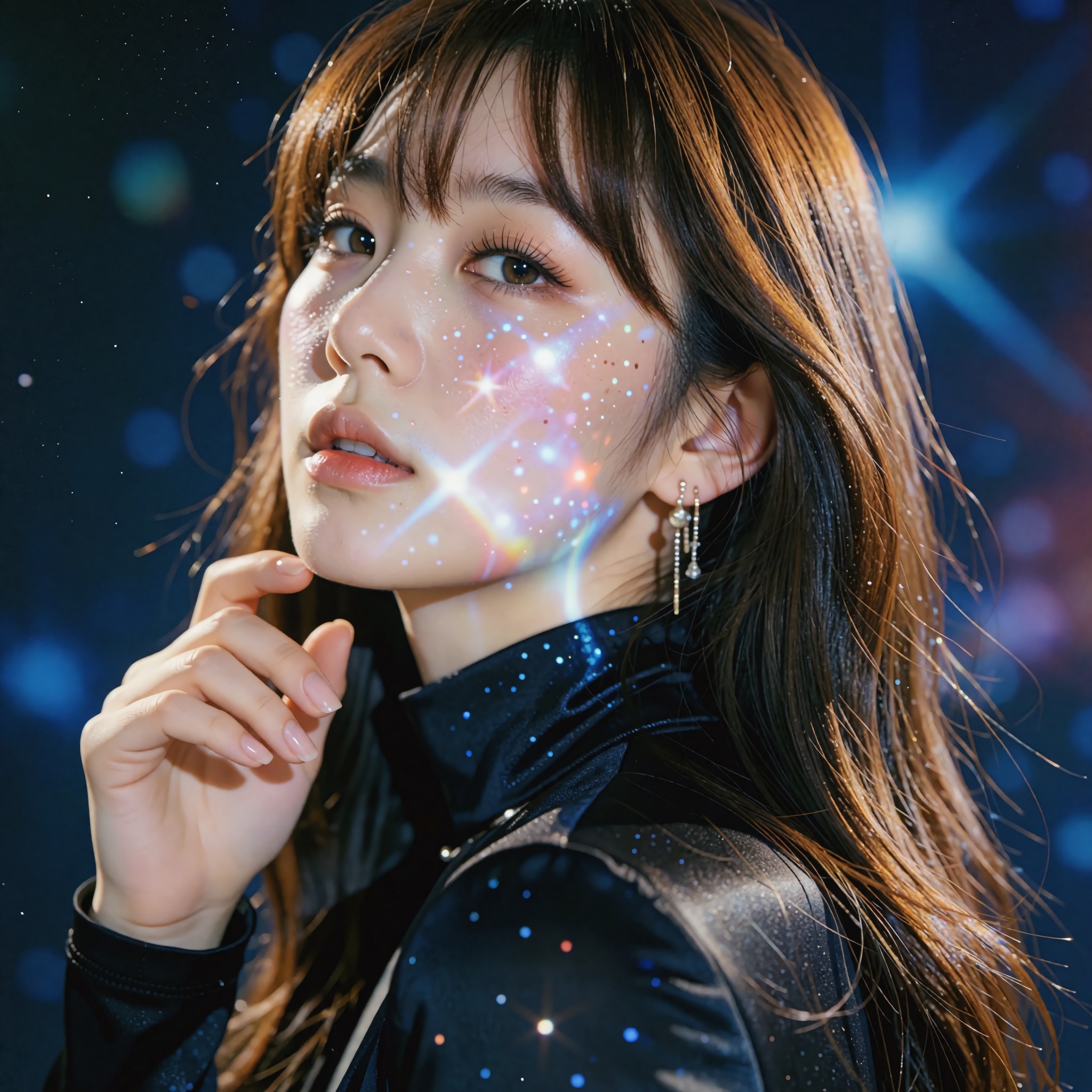 A cinematic,  high-fashion editorial portrait of a woman with long,  straight brown hair and bangs on Tensor.Art