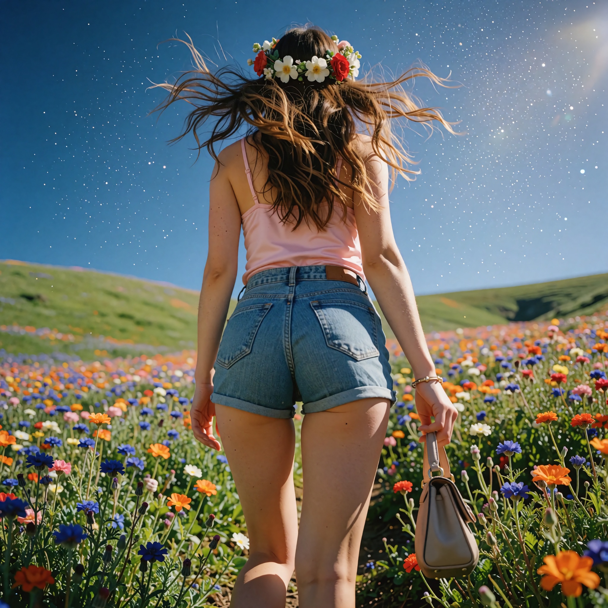 Realistic photograph captured on Kodak Ektar 100 film,  from an extreme low-angle perspective just above a slightly tilted...