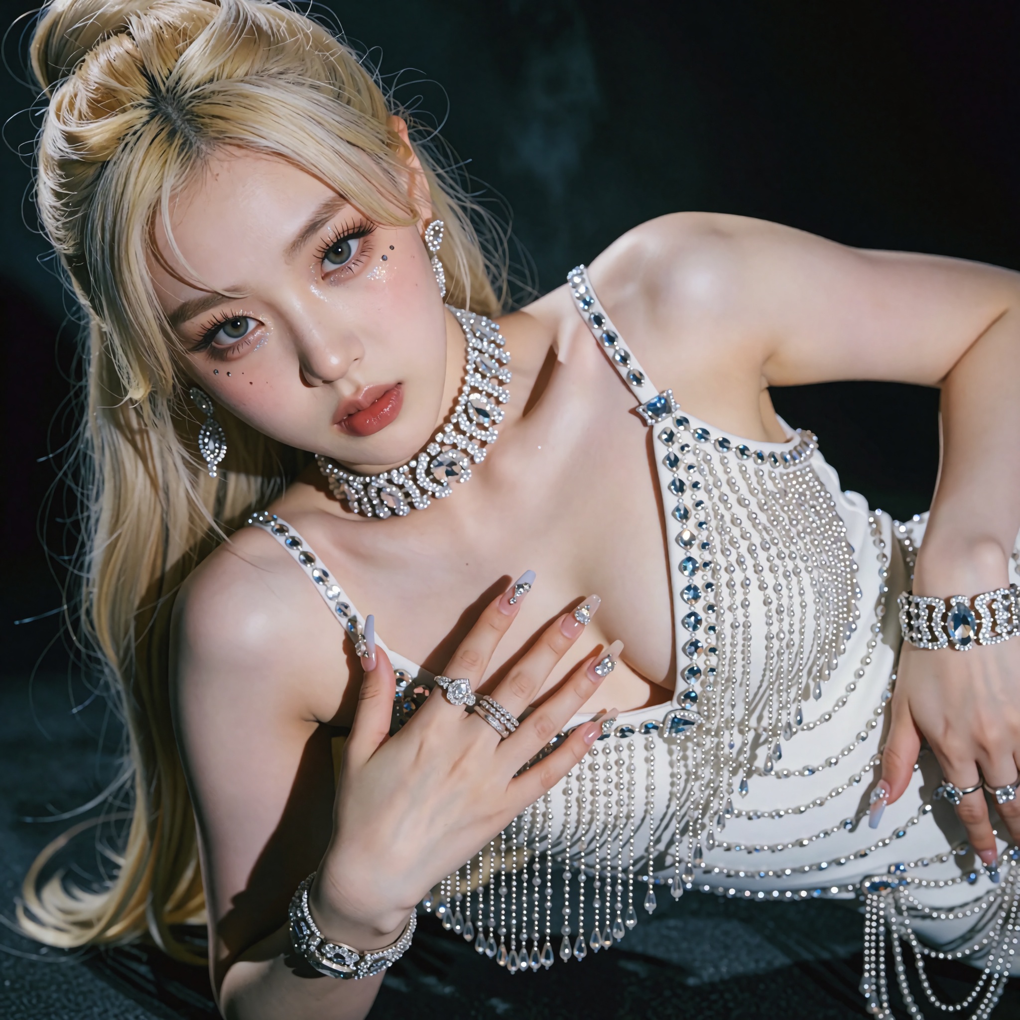 A close-up,  high-fashion editorial portrait of a woman with long blonde hair styled in a chic half-updo with face-framing...