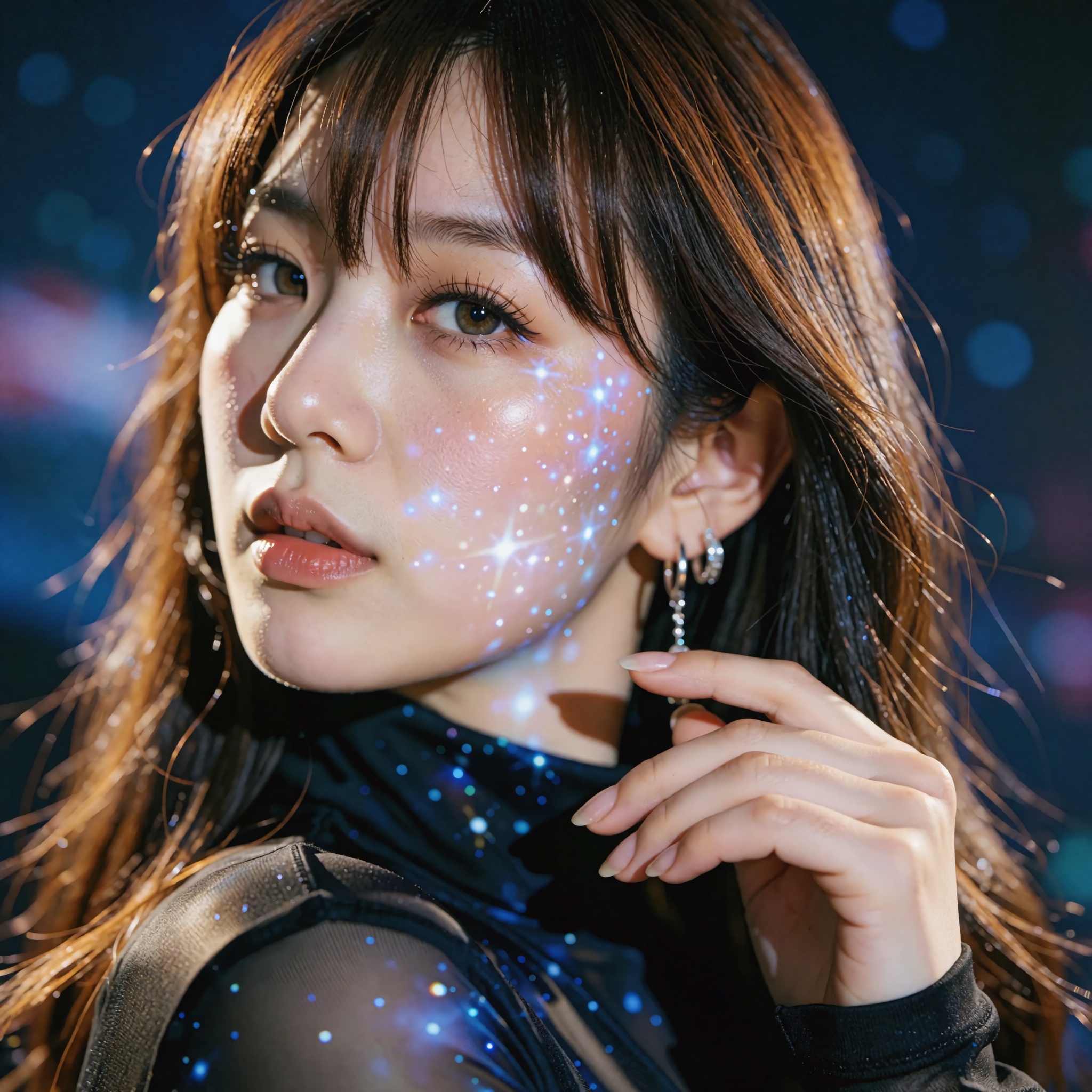 A cinematic,  high-fashion editorial portrait of a woman with long,  straight brown hair and bangs on Tensor.Art