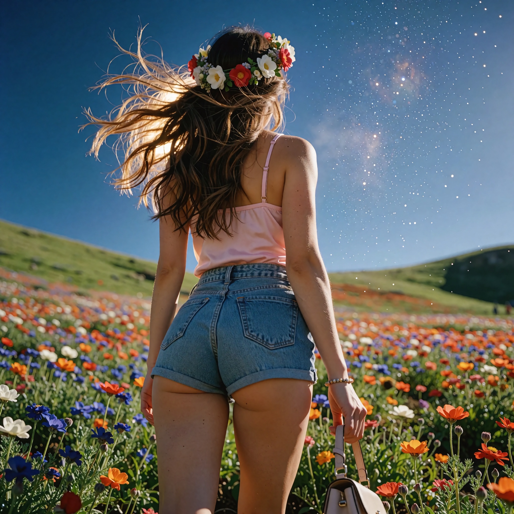 Realistic photograph captured on Kodak Ektar 100 film,  from an extreme low-angle perspective just above a slightly tilted...