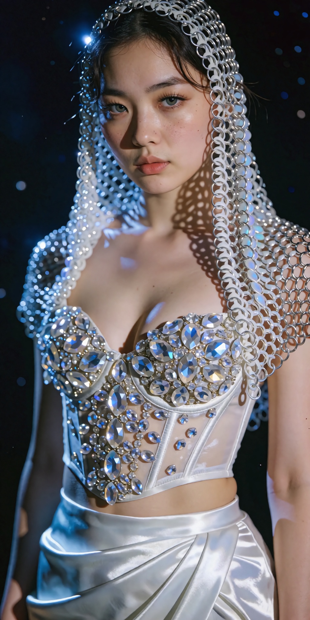 A cinematic,  high-fashion editorial portrait of a woman standing against a deep black cosmic background scattered with fa...