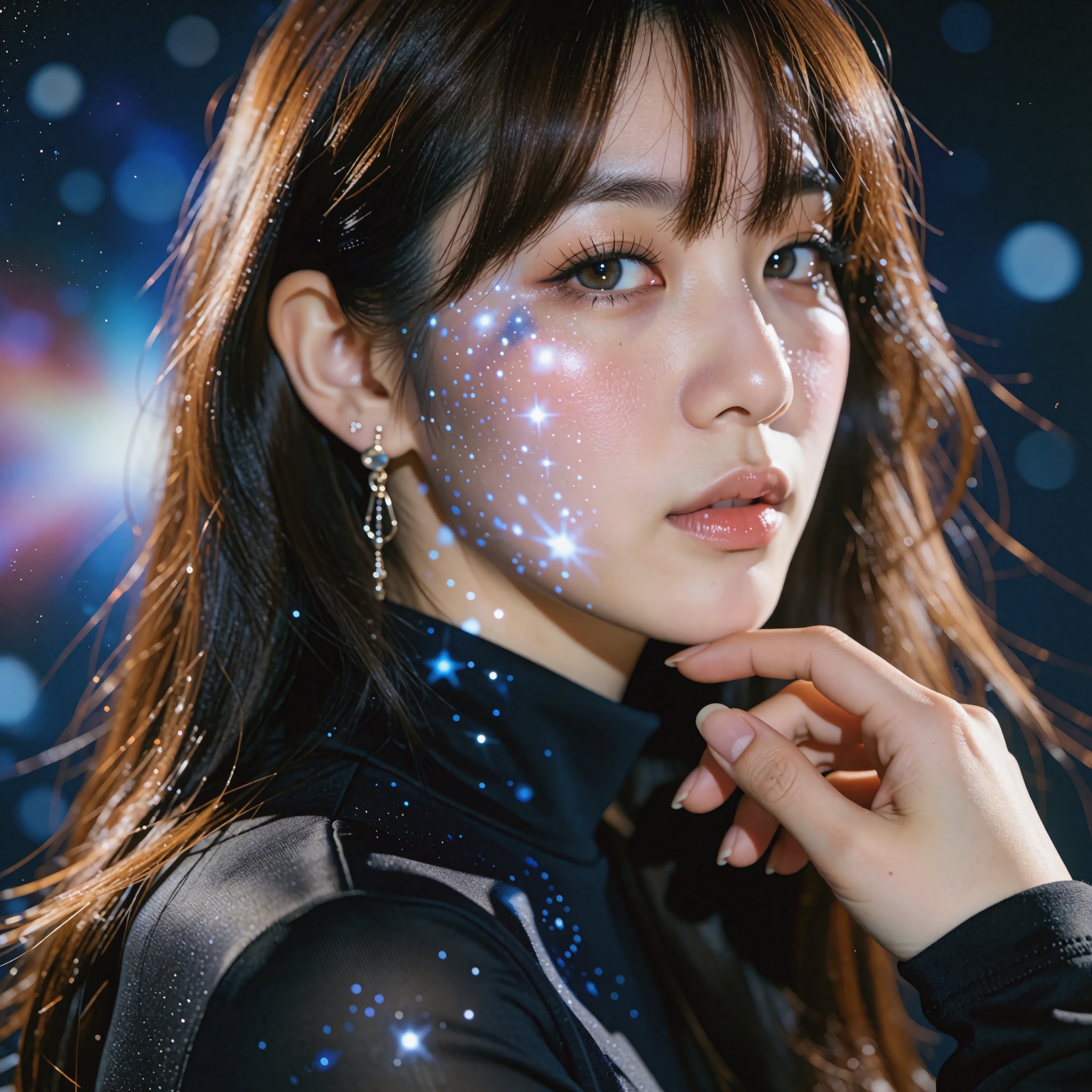 A cinematic,  high-fashion editorial portrait of a woman with long,  straight brown hair and bangs on Tensor.Art