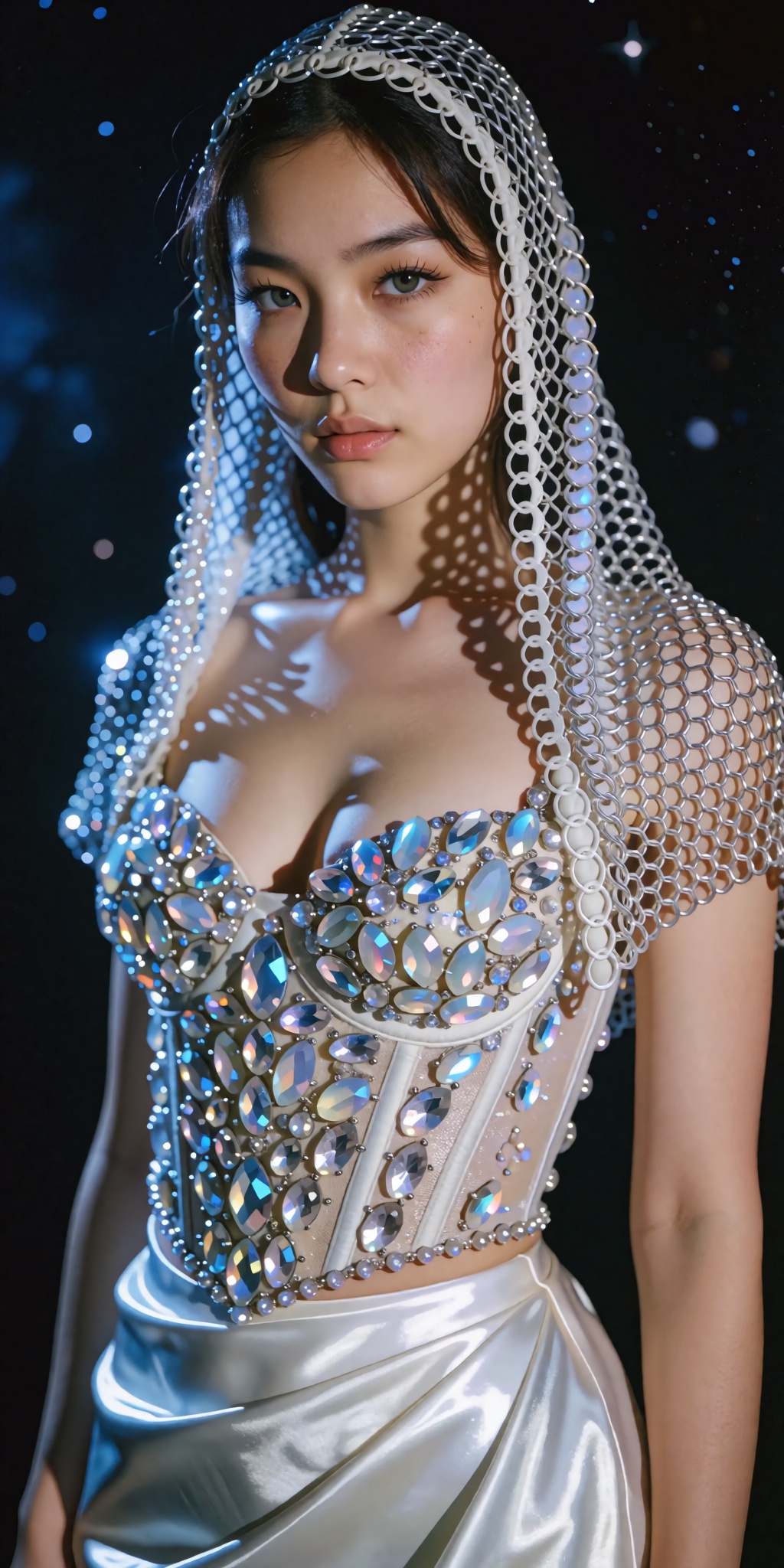 A cinematic,  high-fashion editorial portrait of a woman standing against a deep black cosmic background scattered with fa...