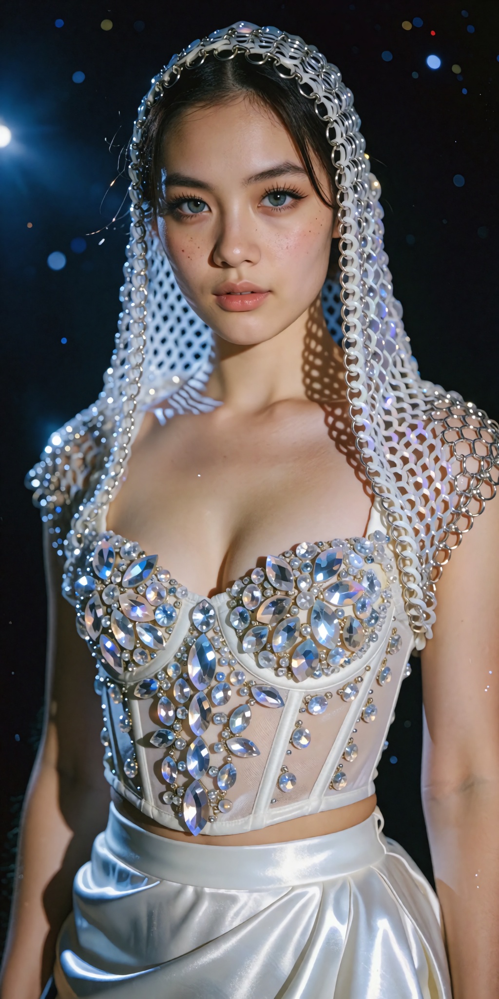 A cinematic,  high-fashion editorial portrait of a woman standing against a deep black cosmic background scattered with fa...