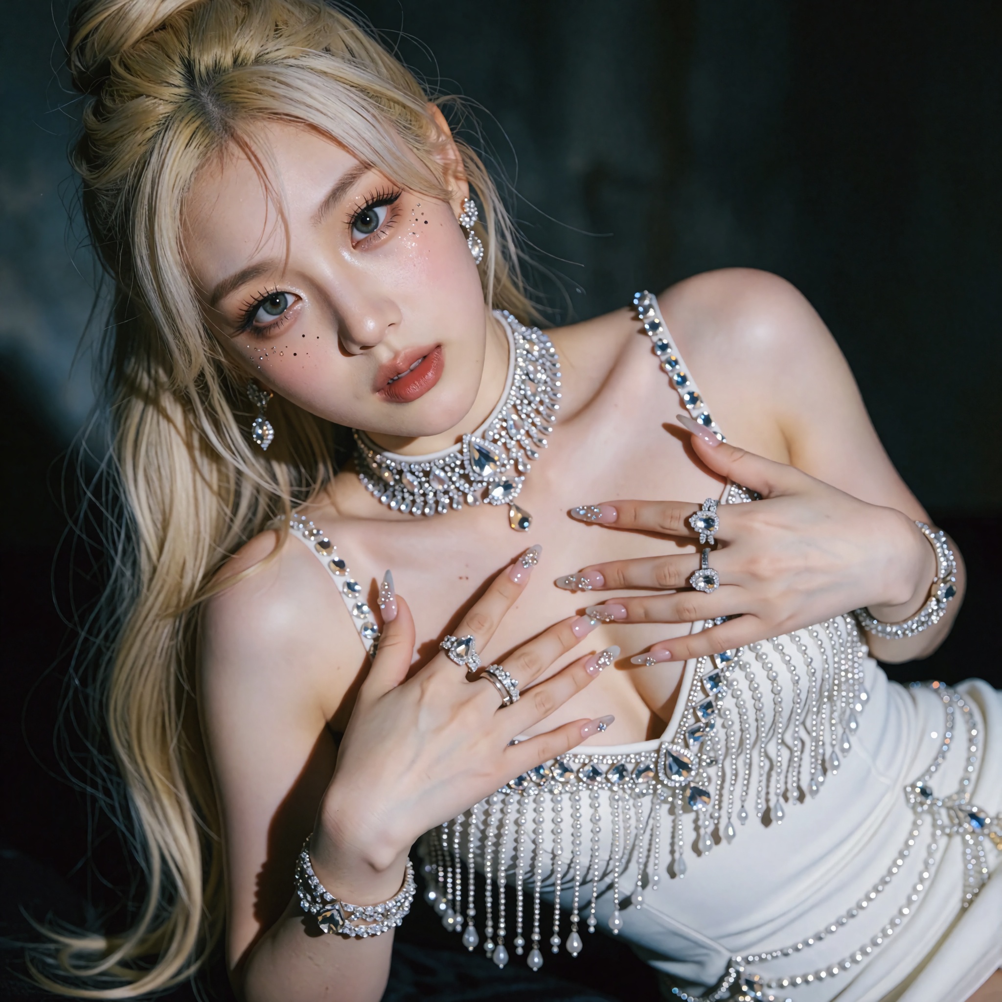 A close-up,  high-fashion editorial portrait of a woman with long blonde hair styled in a chic half-updo with face-framing...