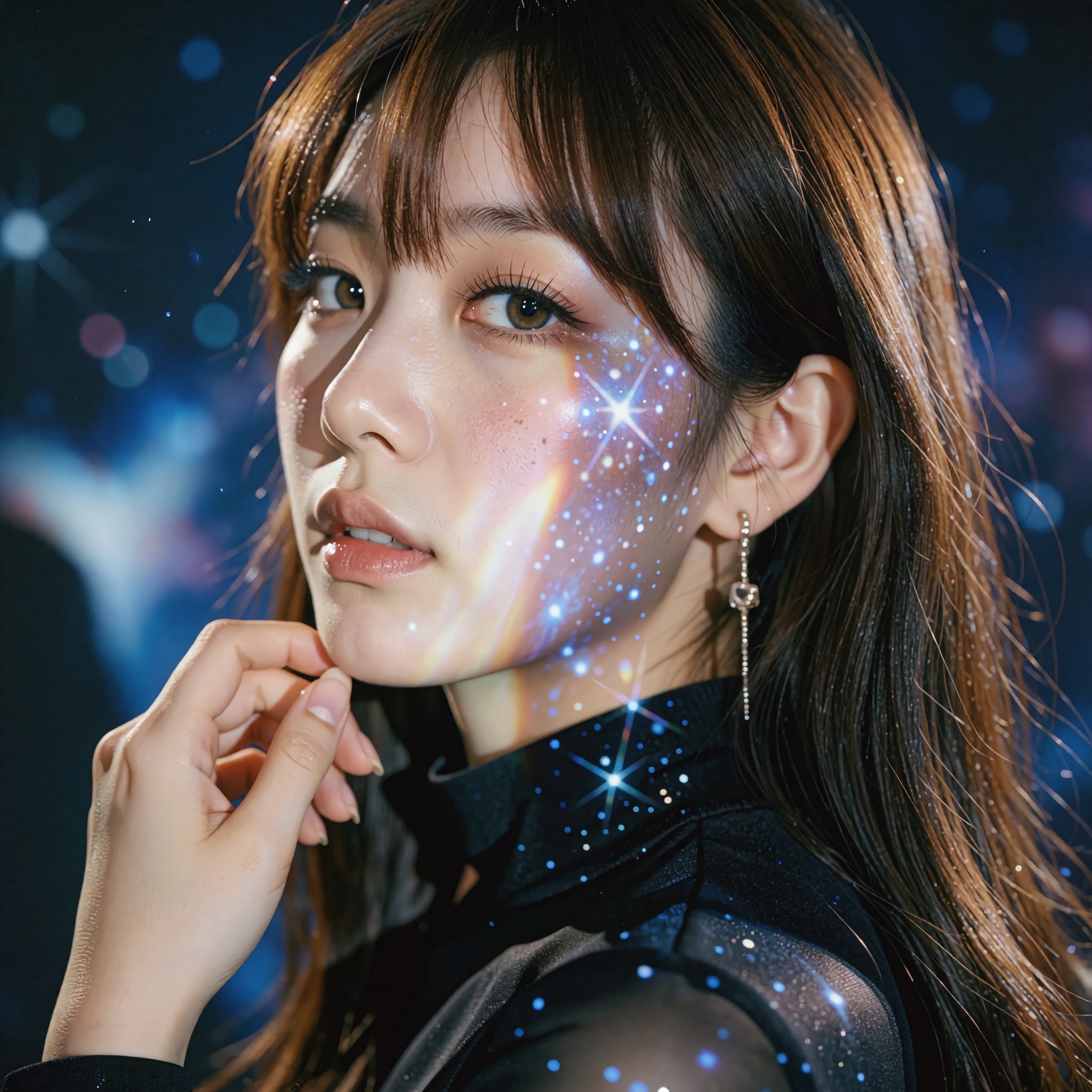 A cinematic,  high-fashion editorial portrait of a woman with long,  straight brown hair and bangs on Tensor.Art