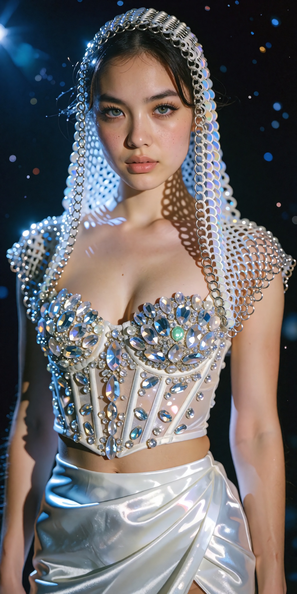 A cinematic,  high-fashion editorial portrait of a woman standing against a deep black cosmic background scattered with fa...