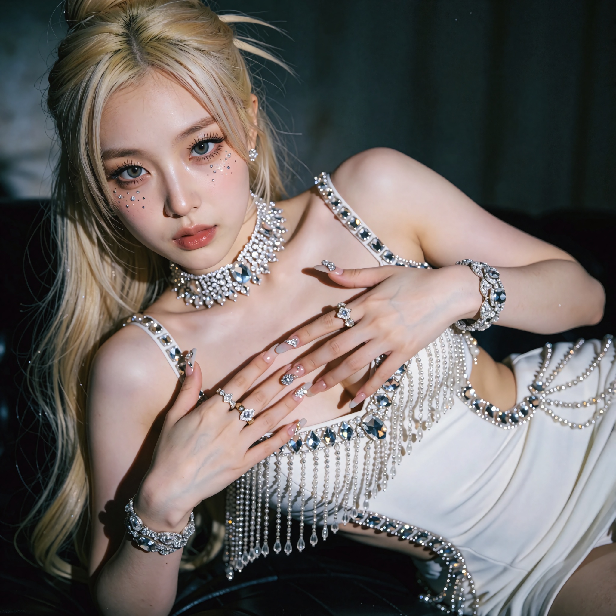 A close-up,  high-fashion editorial portrait of a woman with long blonde hair styled in a chic half-updo with face-framing...