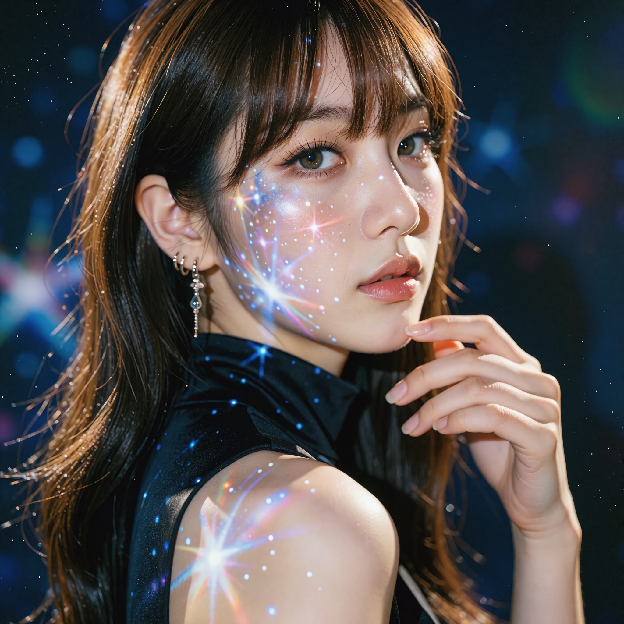 A cinematic,  high-fashion editorial portrait of a woman with long,  straight brown hair and bangs on Tensor.Art
