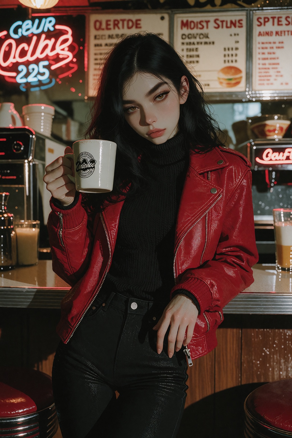IvyFilmStyle. Three-quarter length shot,  a young woman with fair skin and long wavy black hair leaning against a counter...