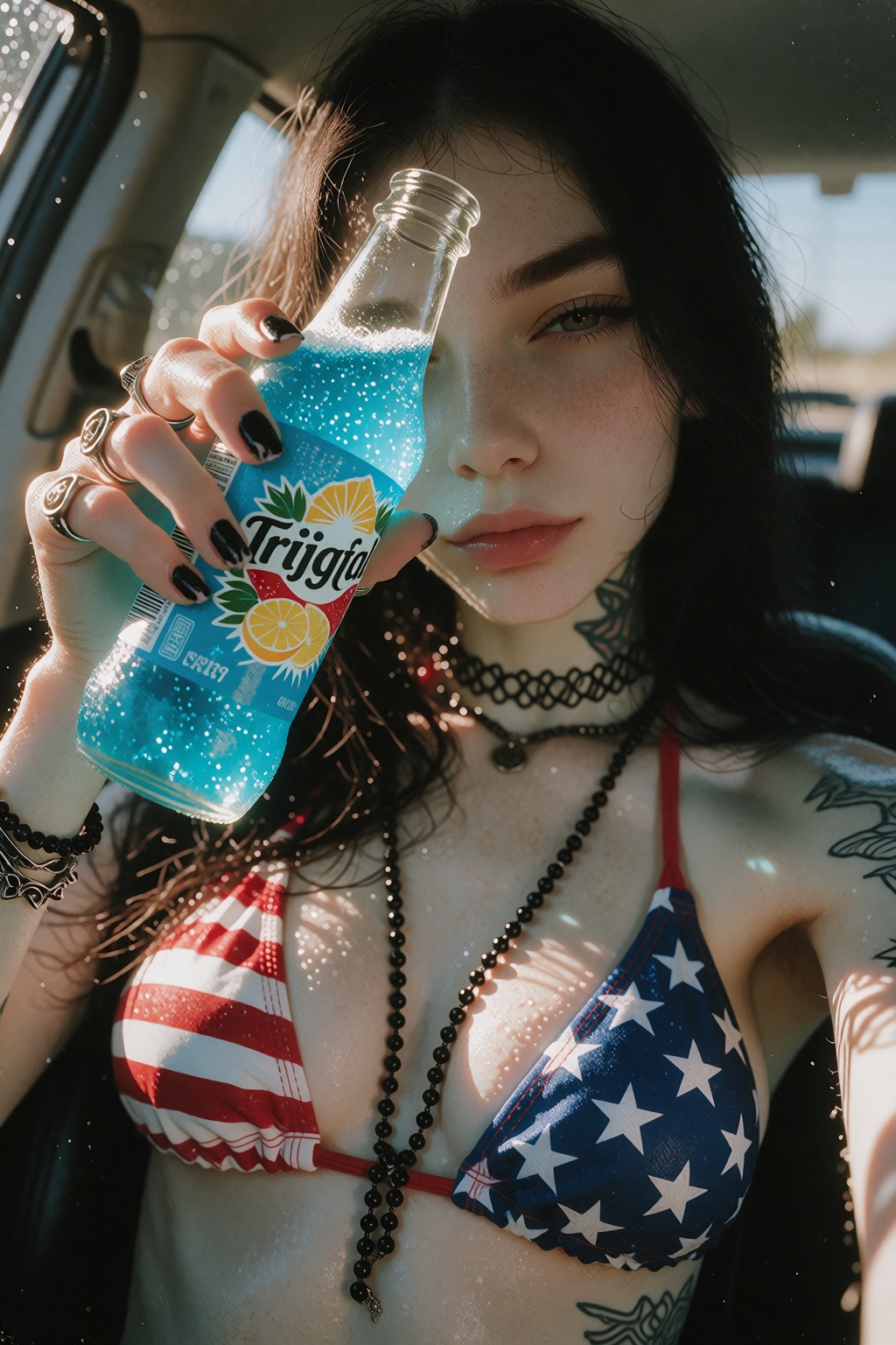 IvyFilmStyle. A close-up selfie taken inside a parked car during daytime,  framed from the upper chest to the lower half o...