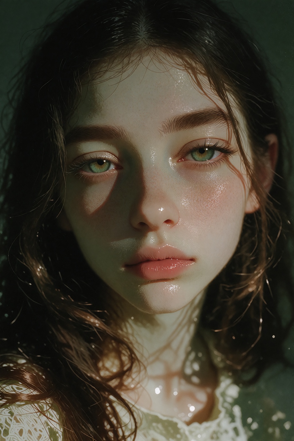 IvyFilmStyle.Fine peach fuzz and vellus hair.Dim light. barely enlight scene. a candid portrait of a 20 years old girl wit...
