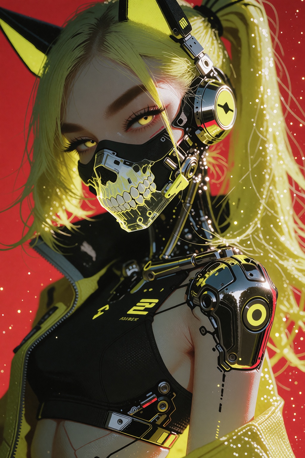 IvyFilmStyle. A striking close-up portrait of a futuristic cyberpunk girl with long neon yellow hair tied in a high ponyta...