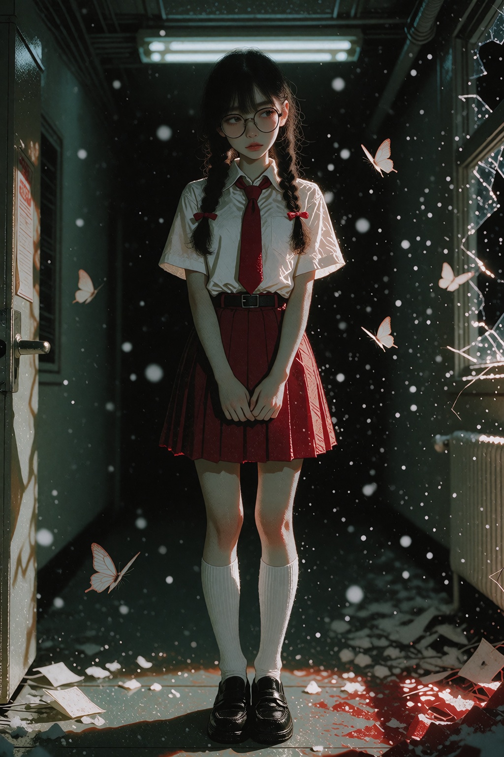 IvyFilmStyle. A young woman stands motionless in the center of a dimly lit corridor,  viewed from a slightly low angle. Sh...