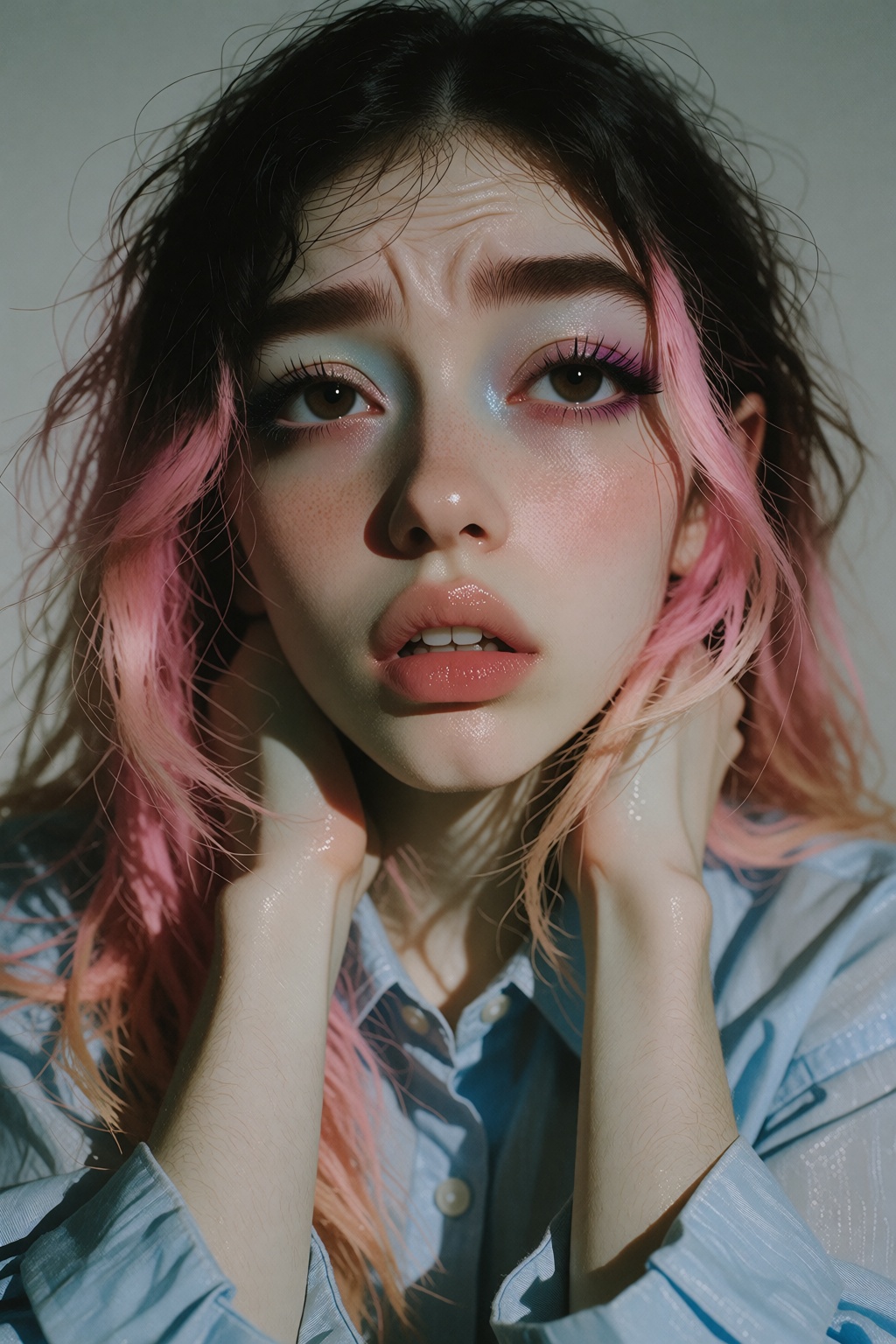 IvyFilmStyle. A young woman with long,  messy dark hair with pink layered hair. with eyeshadow make up. She has her hands...