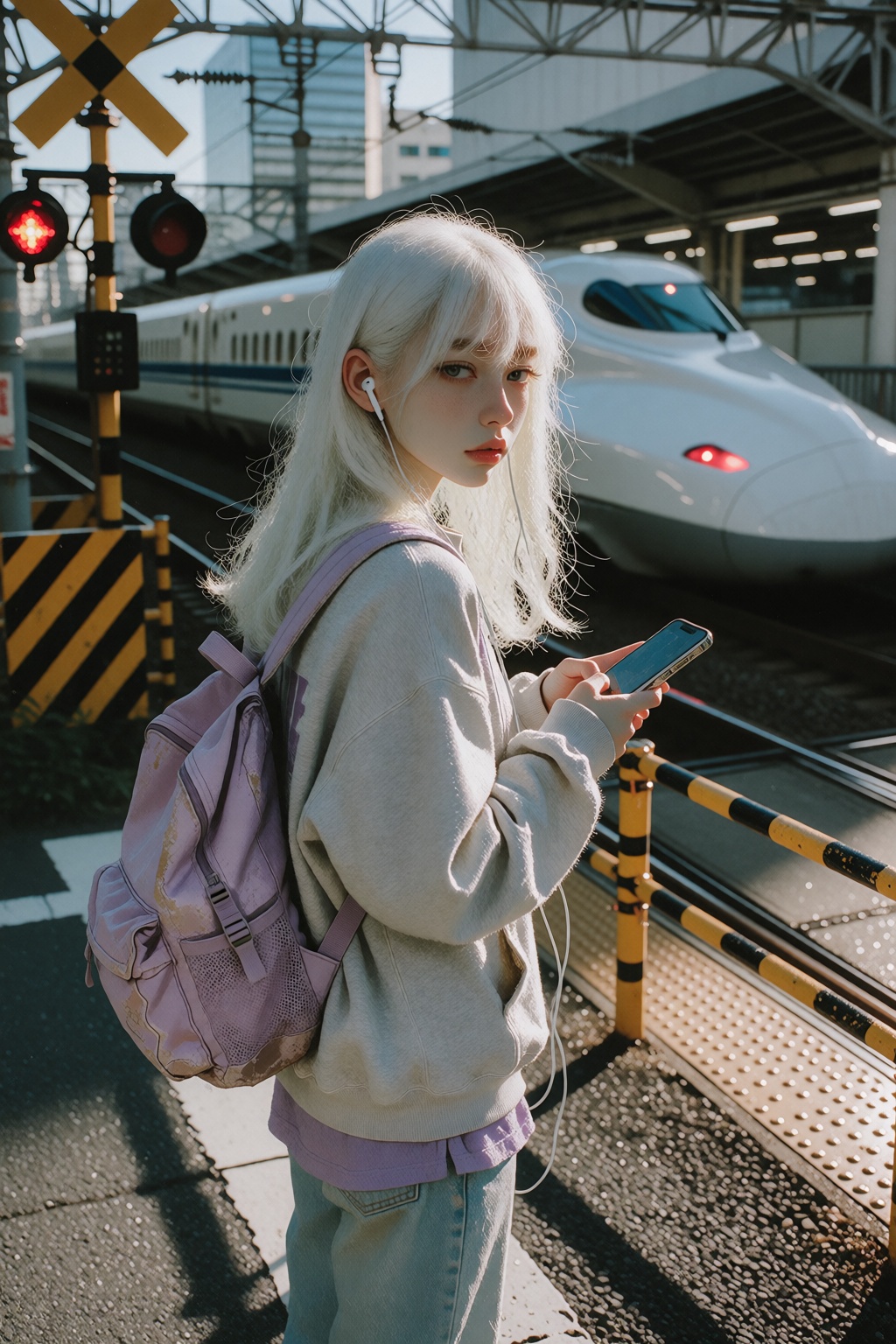 IvyFilmStyle. A 20 years old young woman standing near a railway crossing in an urban setting. She has long platinum hair...
