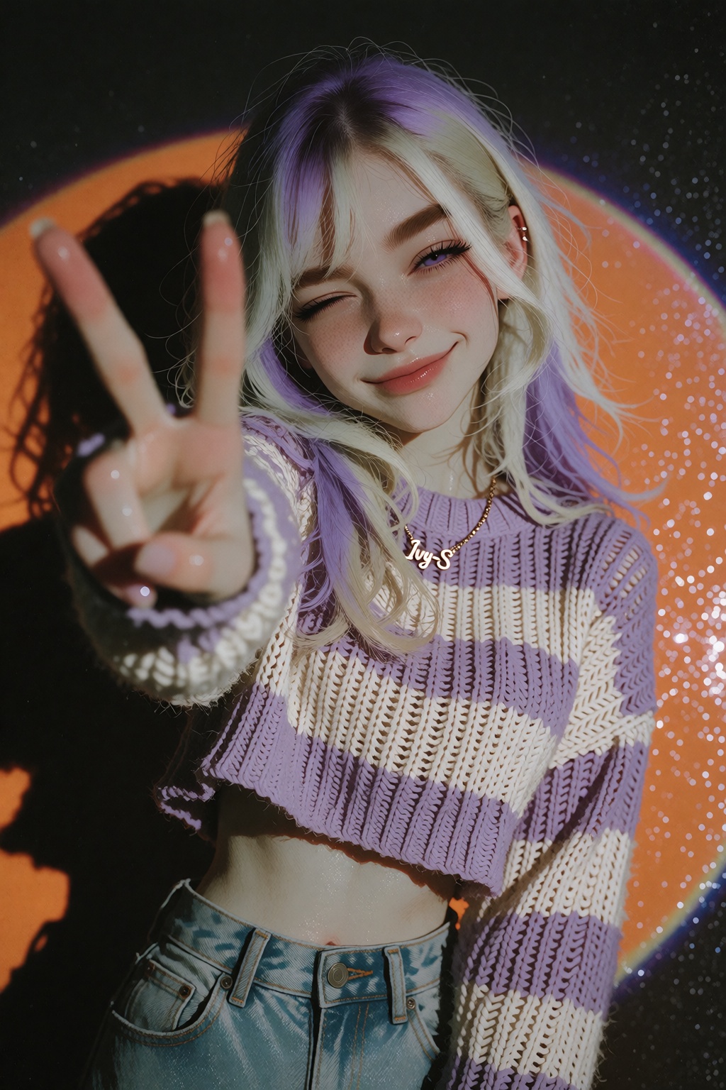 IvyFilmStyle.realistic lighting,  A young woman with platinum blonde hair,  visible natural dark roots on Tensor.Art