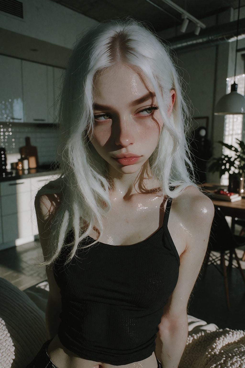 IvyFilmStyle. Dim light. barely enlight scene. A closeup shot photo of a 20 years old woman with long messy platinum hair...