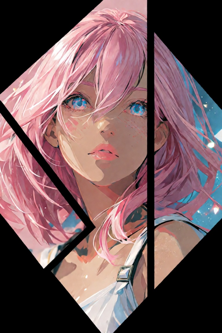 A triptych with three asymmetrical geometric panels. In the center panel,  depict a young woman with voluminous pink hair...