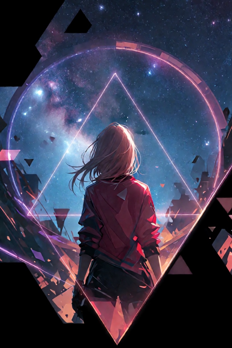 A woman with long hair,  wearing a red jacket,  standing facing away inside of a large on Tensor.Art