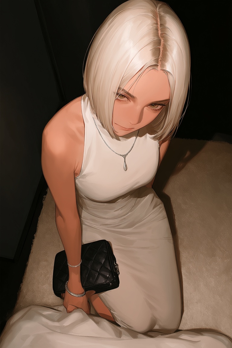 This digital illustration depicts a woman with short platinum-blonde hair and a sharp direct gaze looking down from a high...