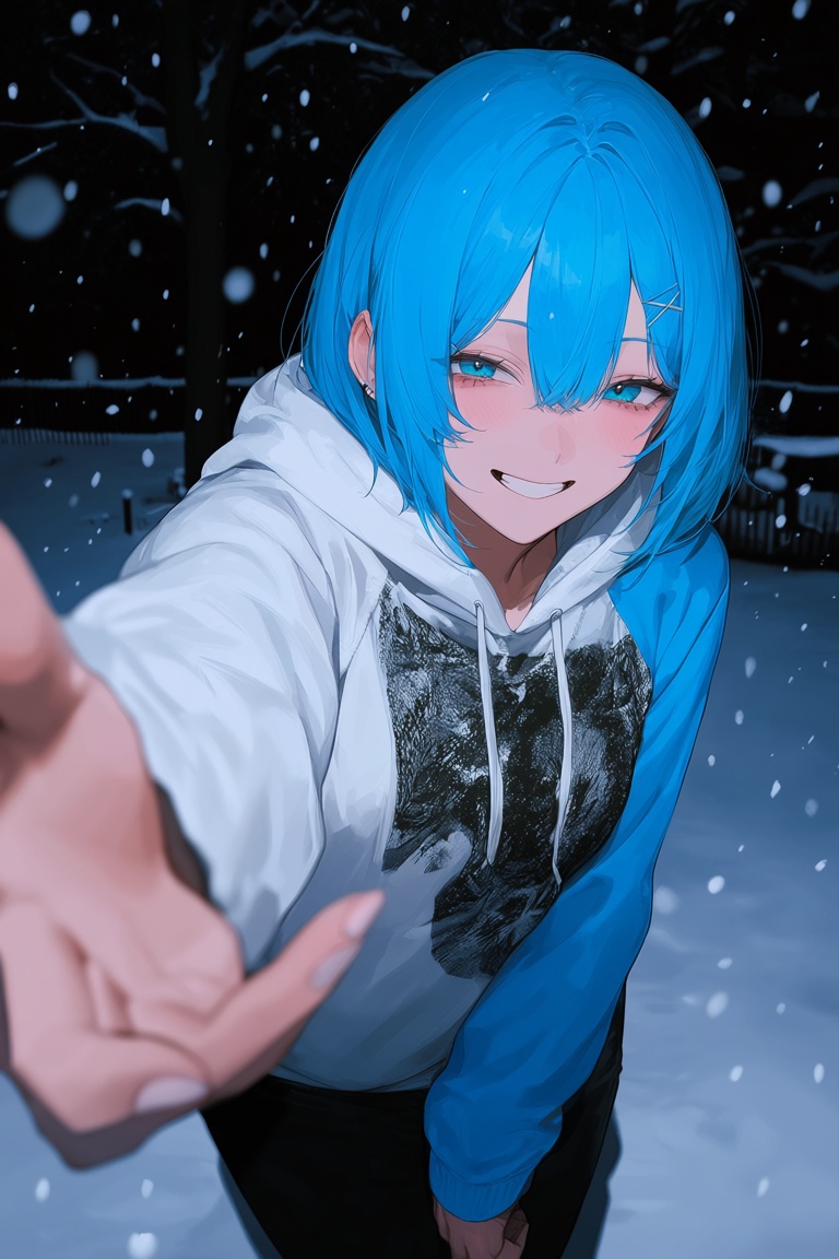 A young woman with bright blue hair and a cheerful slightly mischievous expression reaches out with her left hand toward t...