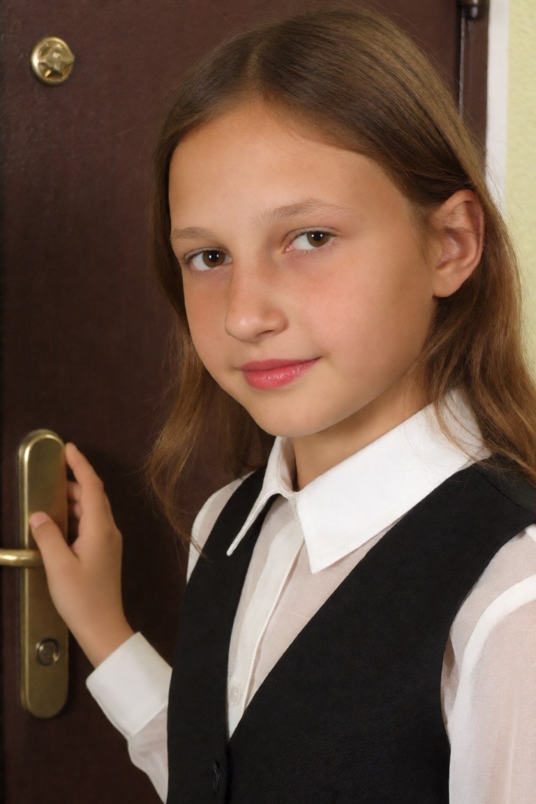 candid close up photo of a girl wearing a soviet school uniform,  she is standing beside her apartment frontdoor on Tensor...