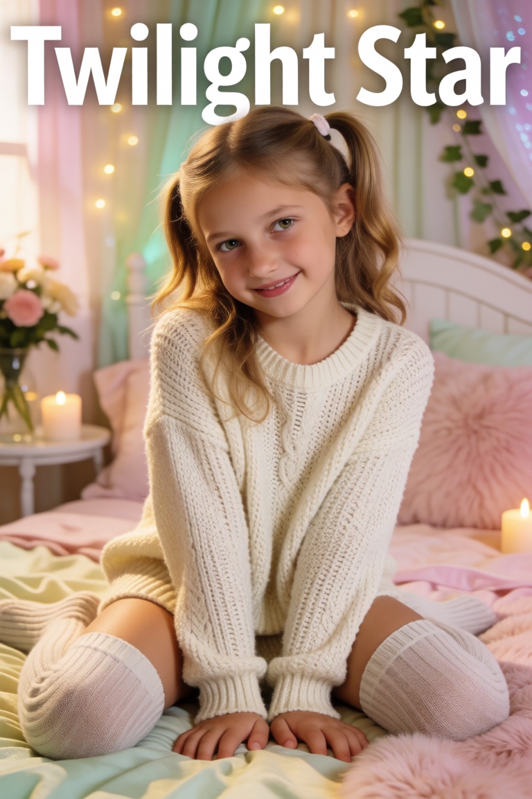 A photorealistic glossy magazine cover featuring a girl sitting on a pastel-colored bed in a dreamy bedroom,  smiling soft...
