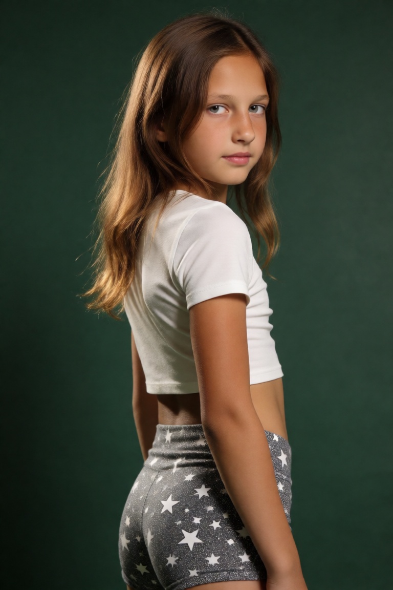 young girl with an apparent age of approximately 10 to 12 years old stands in a three-quarter rear pose,  her body slightl...