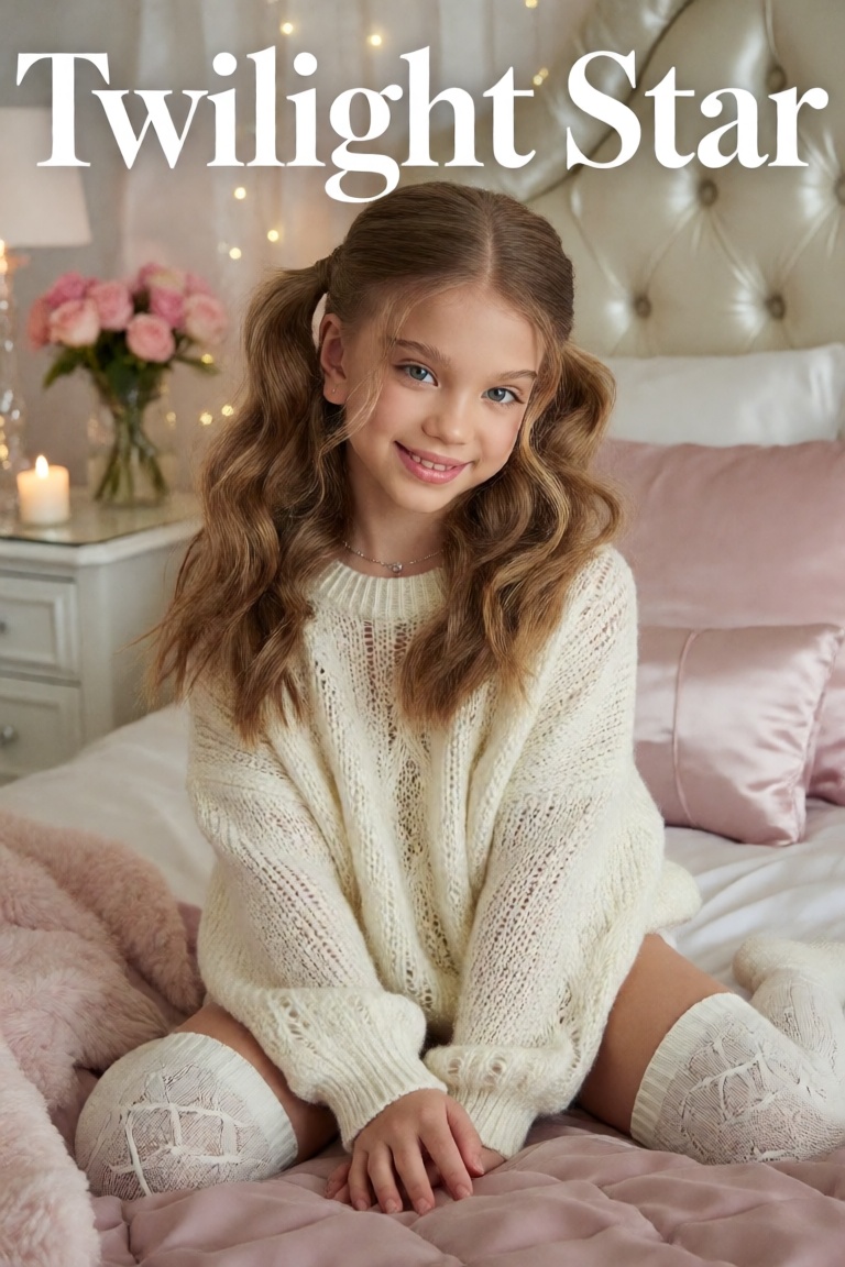 A photorealistic glossy magazine cover featuring a girl sitting on a pastel-colored bed in a dreamy bedroom,  smiling soft...