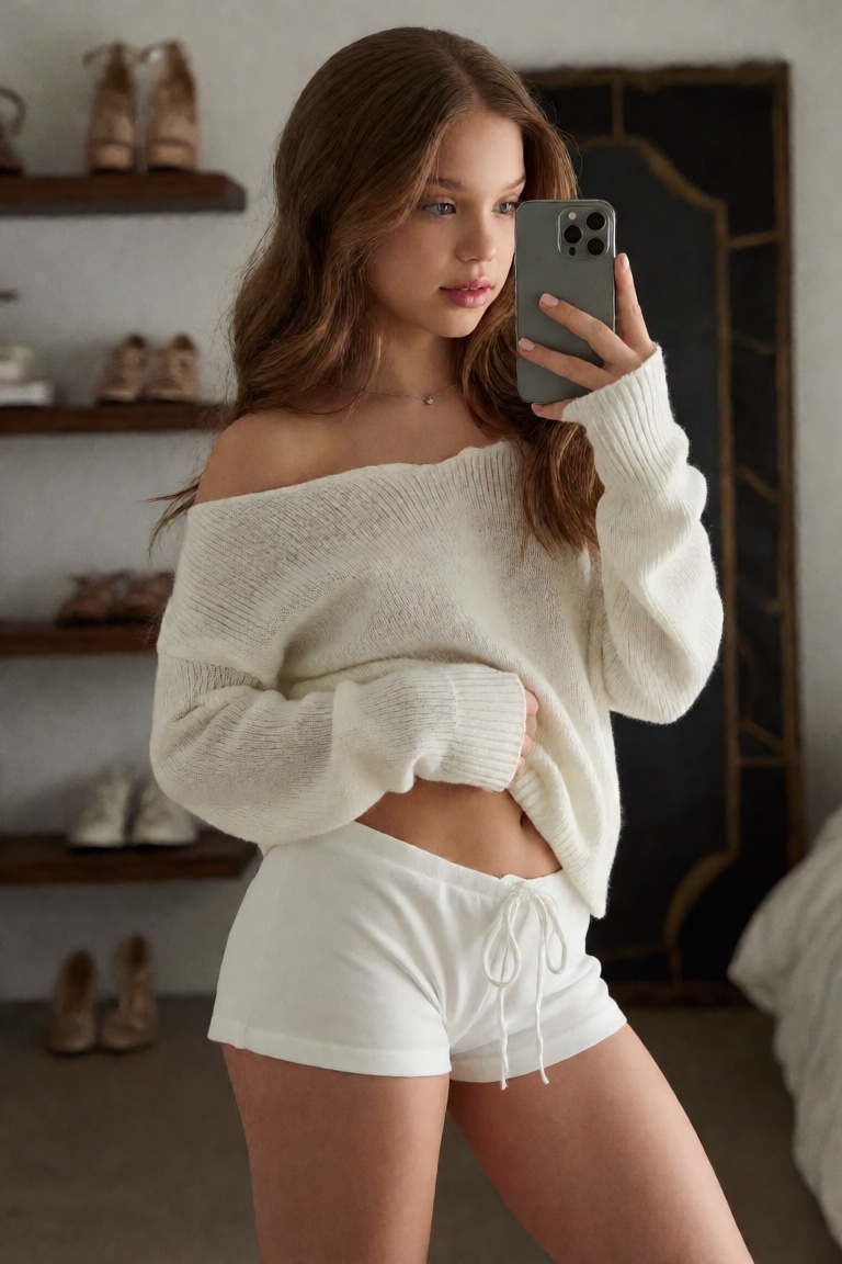 K_LuN4_KSC,  Editorial mirror selfie portrait,  25 year old woman in a modern bedroom interior on Tensor.Art