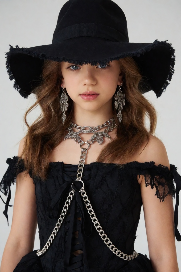 masterpiece,  very aesthetic,  The image features a girl dressed in a striking dark gothic fashion style. Here is a breakd...