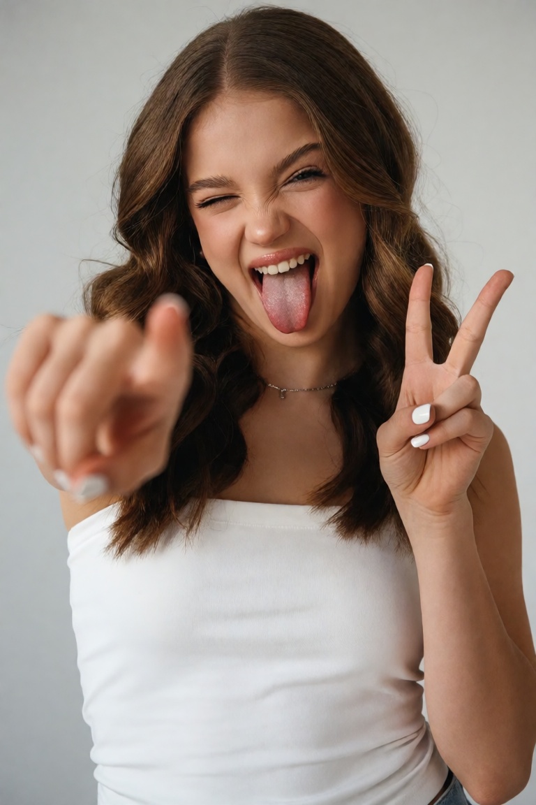 A young woman looking at the camera with a playful smirk,  tongue out,  wink. hpointing at the viewer with one hand on Ten...