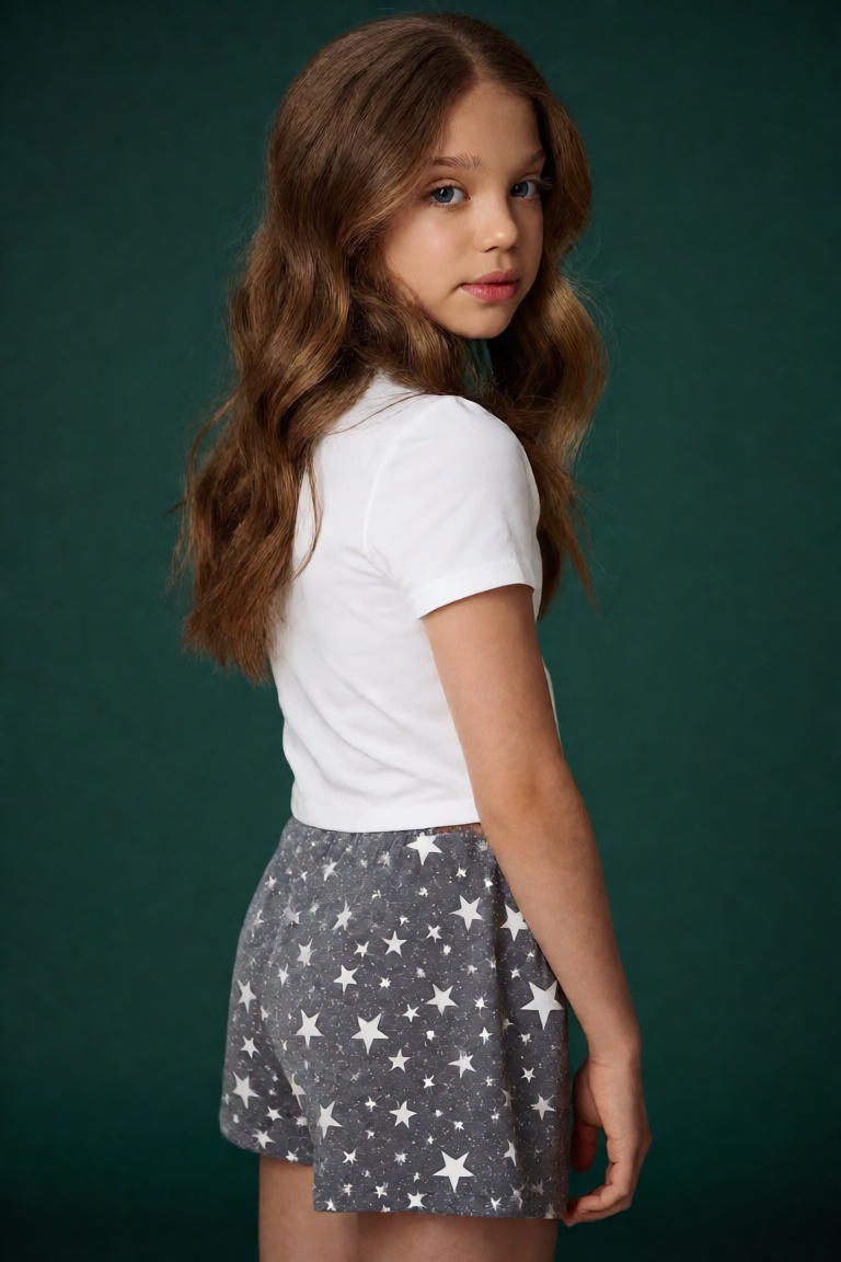 young girl with an apparent age of approximately 10 to 12 years old stands in a three-quarter rear pose,  her body slightl...