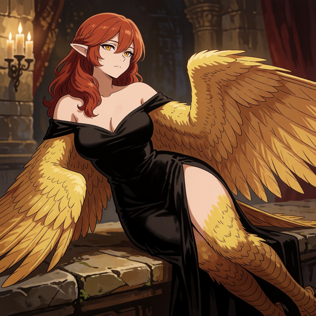 An illustration of a golden harpy monster girl reclining on a stone bench in a candlelit fantasy hall,  captured in a thre...