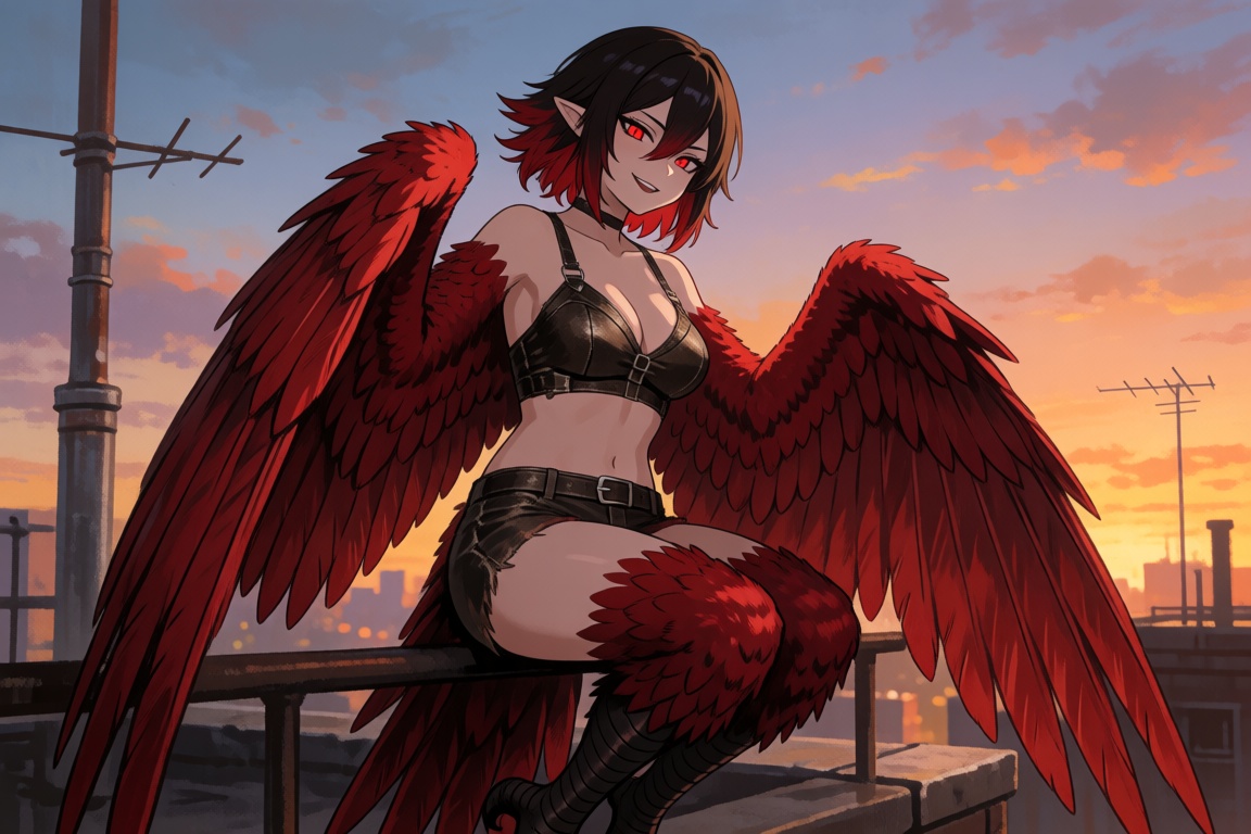An illustration of a crimson harpy monster girl perched on a rooftop railing at sunset,  captured in a full body shot. She...