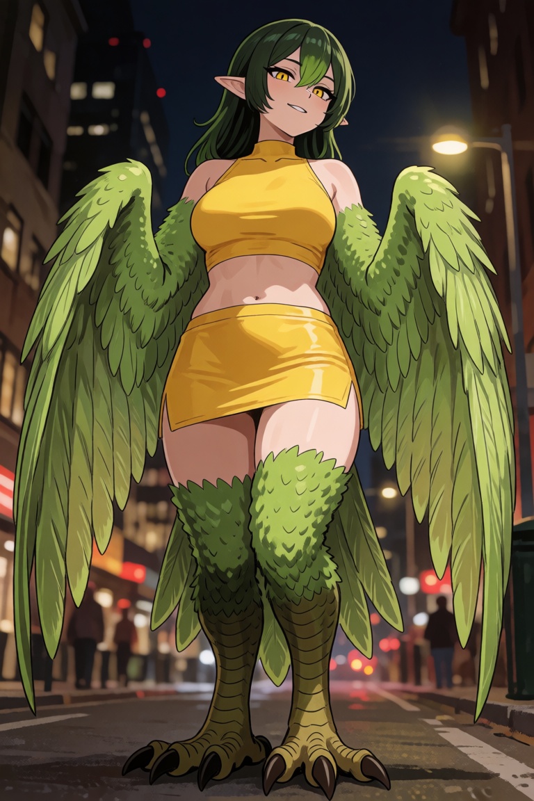 An illustration of a lime green harpy monster girl standing on a city street at night,  captured in a full body shot from...